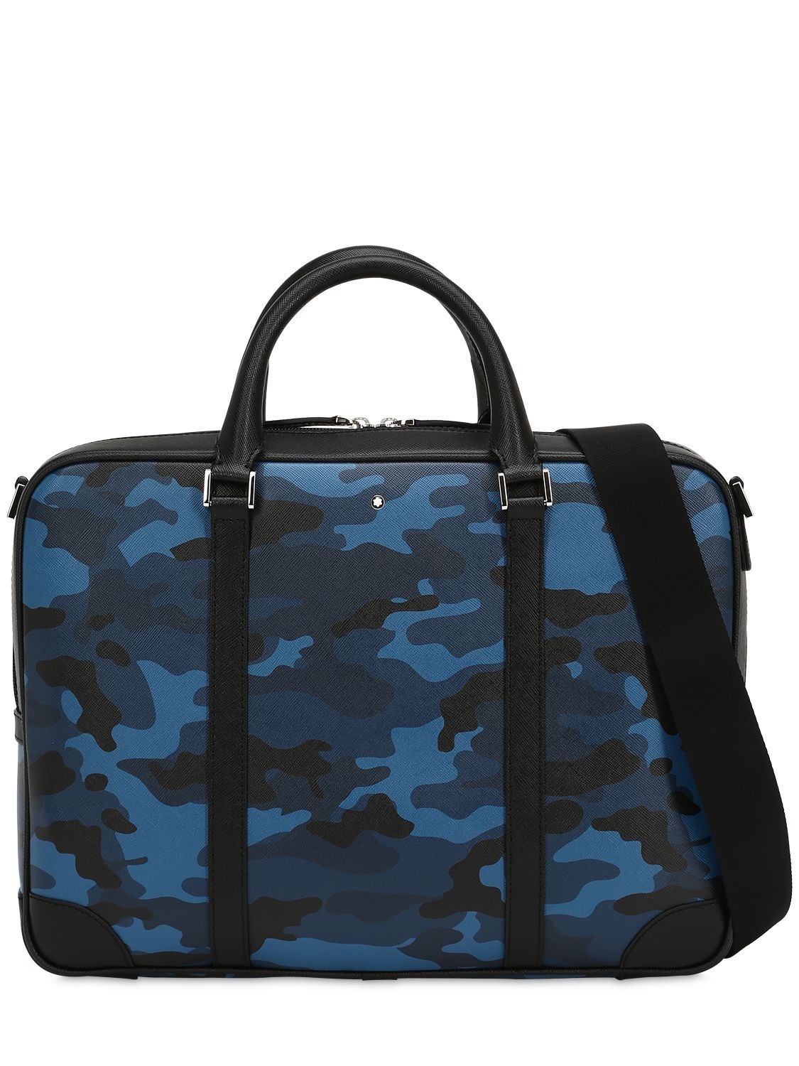 Montblanc Small Camouflage Leather Briefcase Case In Blue Camo