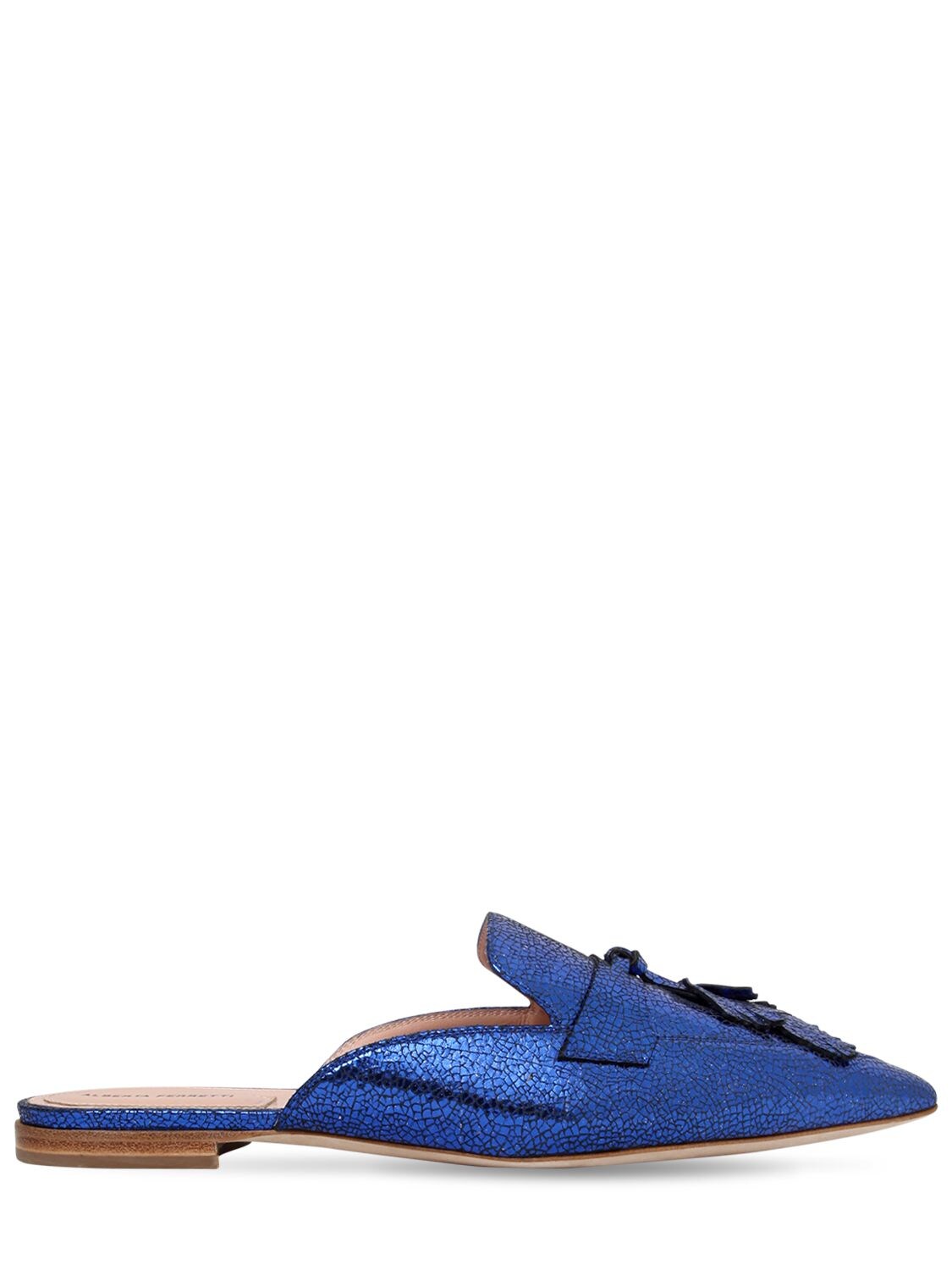 Alberta Ferretti 10mm Mia Crackled Metallic Leather Mules In Blue