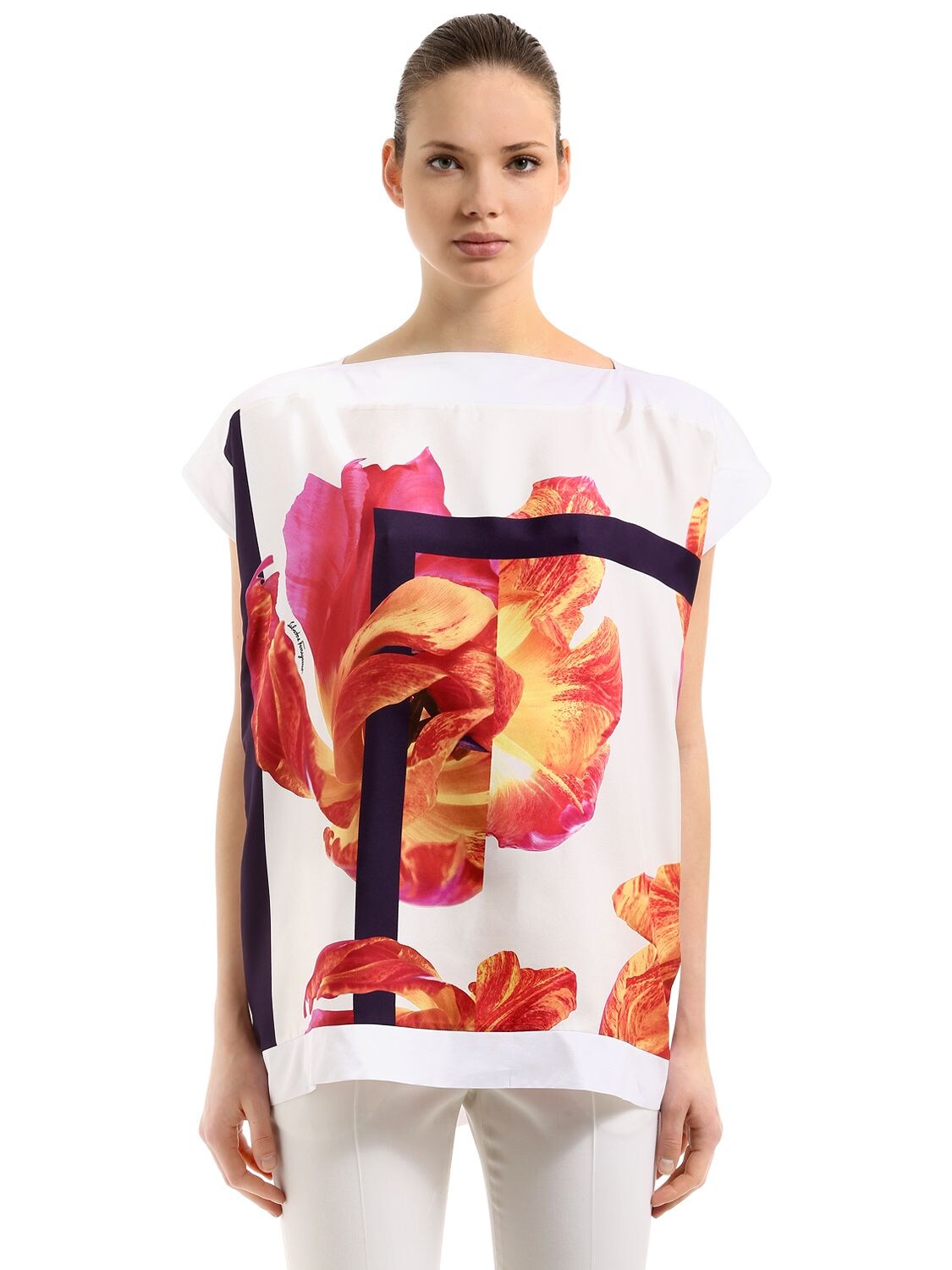 Ferragamo Tulip Printed Twill & Jersey T-shirt In White/red