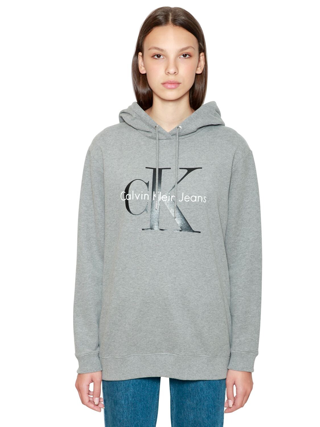 Calvin Klein Jeans Est.1978 Hooded Logo Printed Cotton Sweatshirt In Grey/black