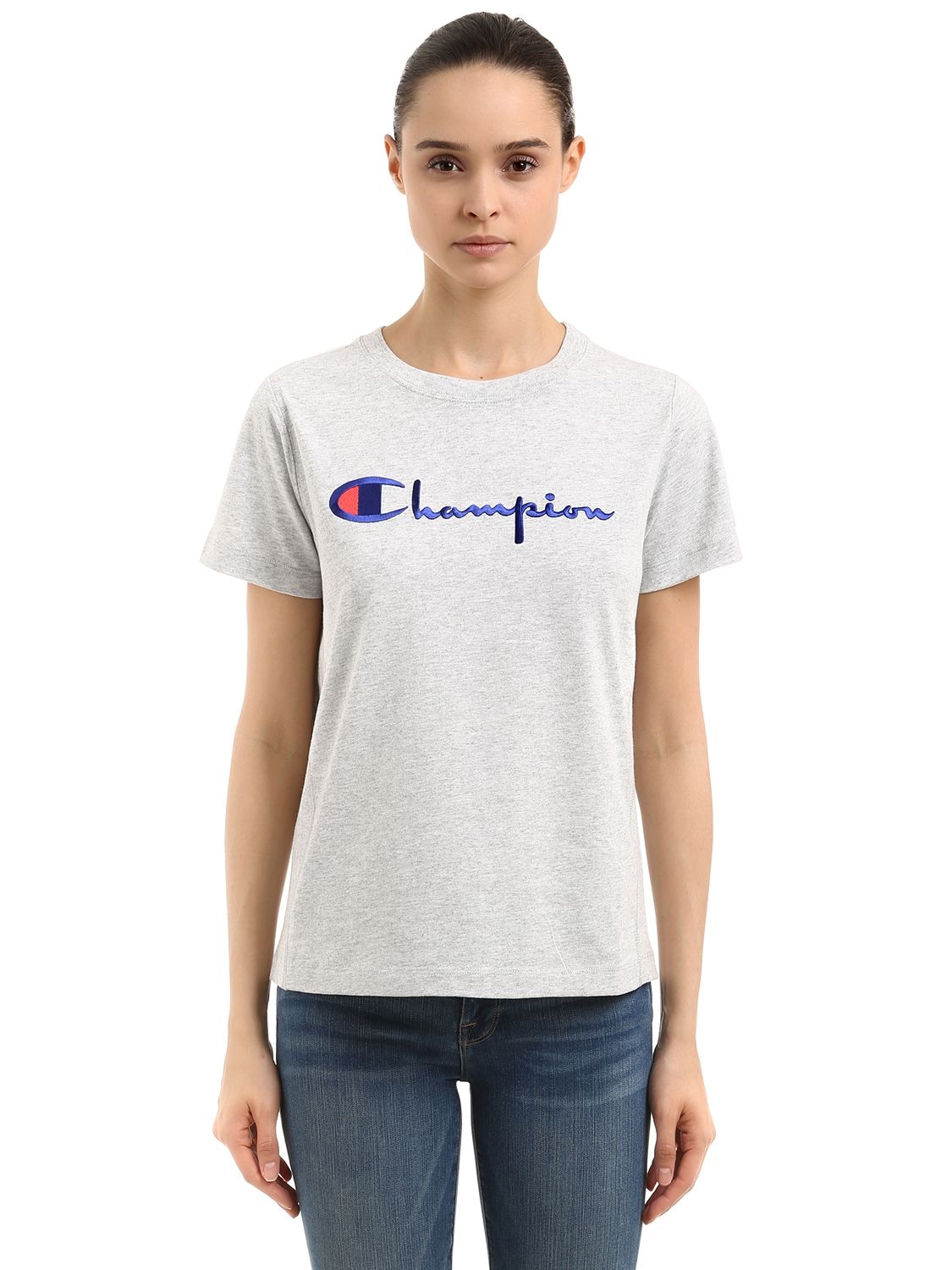 Champion Logo Embroidered Cotton T-shirt In Grey