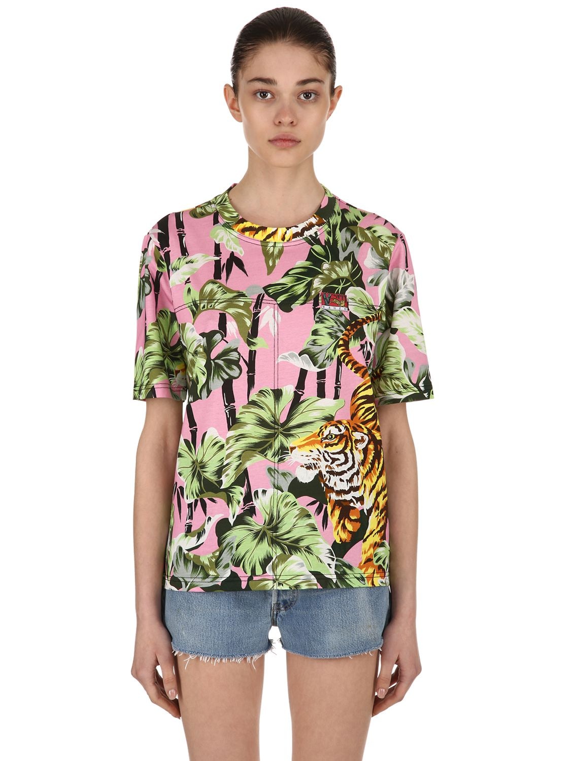 Kenzo Bamboo Tiger Printed Cotton T-shirt In Pink/multi