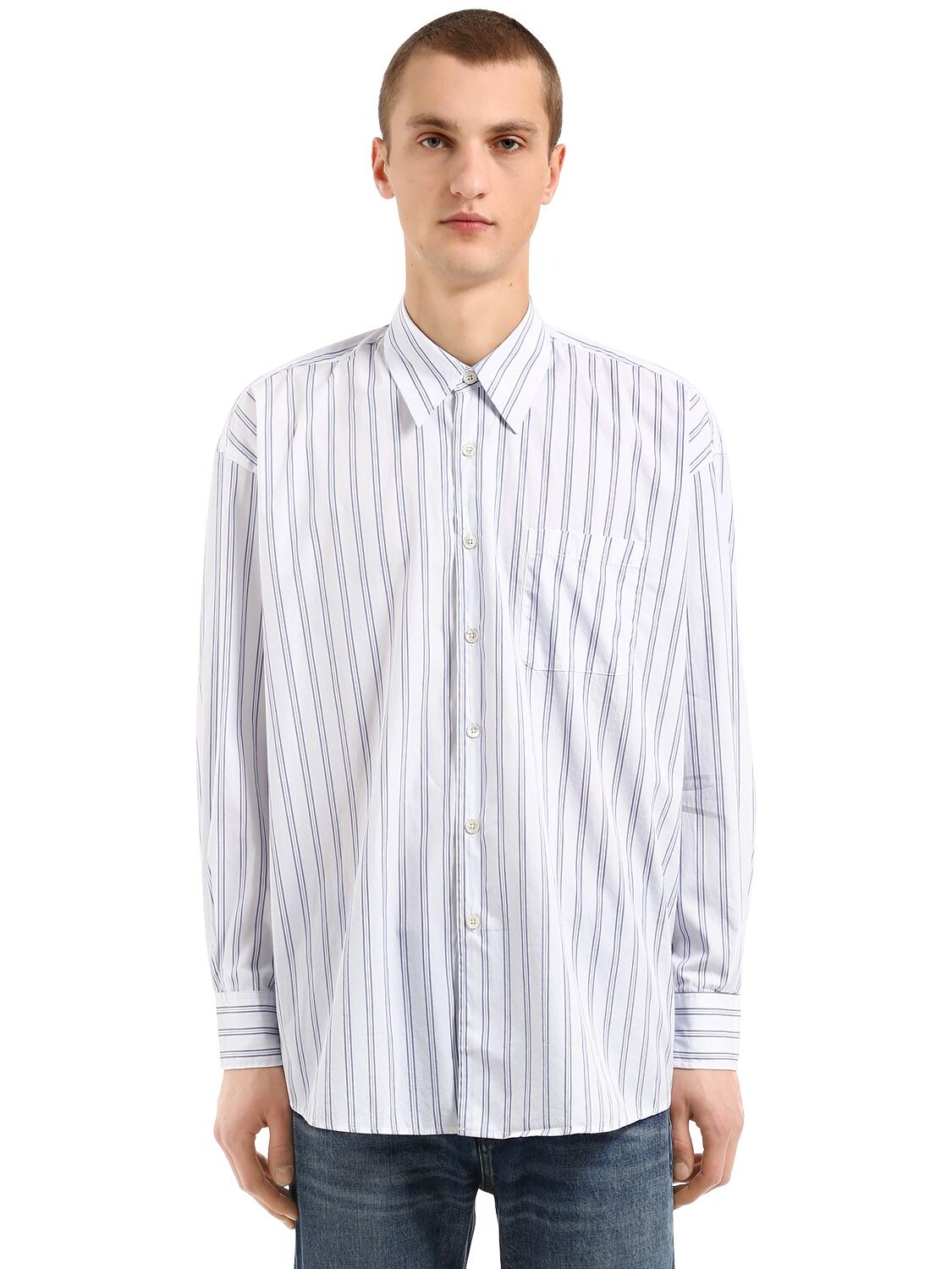 Our Legacy Oversize Striped Cotton Poplin Shirt In White/blue