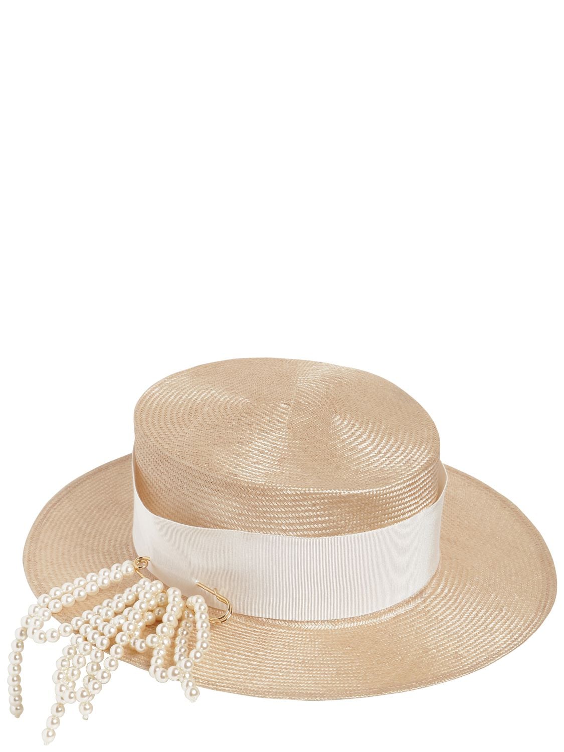 Federica Moretti Small Brim Boater Hat W/ Pin In Natural