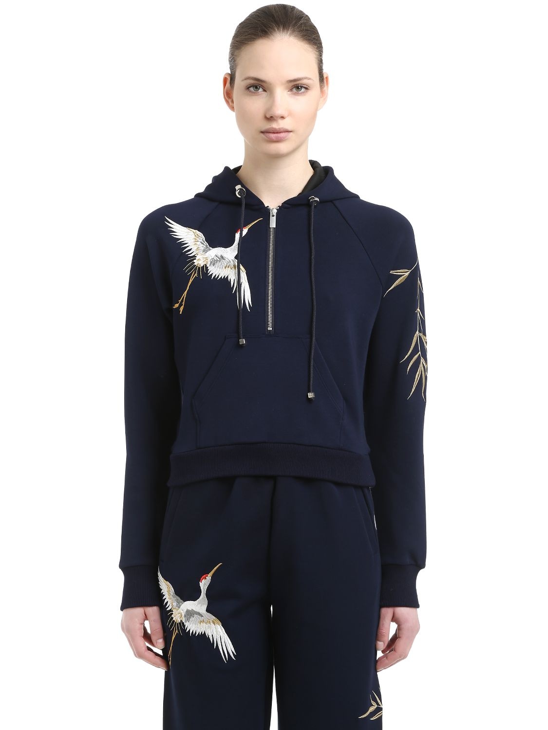 Angel Chen Hooded Embroidered Jersey Sweatshirt In Blue