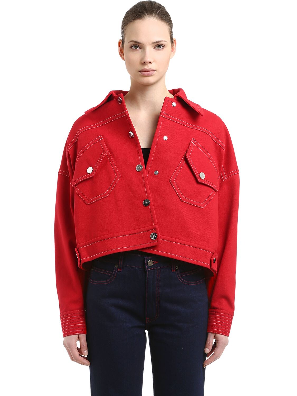 Angel Chen Cotton Denim Cropped Jacket In Red