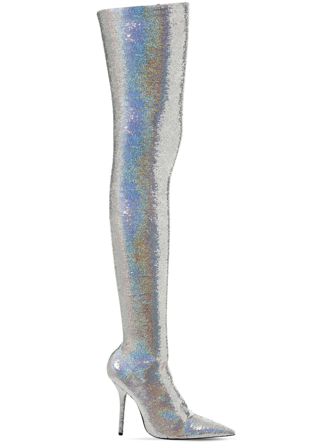 Balenciaga 80mm Knife Glitter Thigh High Boots In Silver