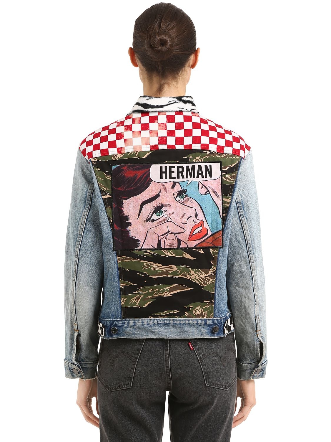 Herman Market Patchwork Cotton Denim Jacket In Blue,red
