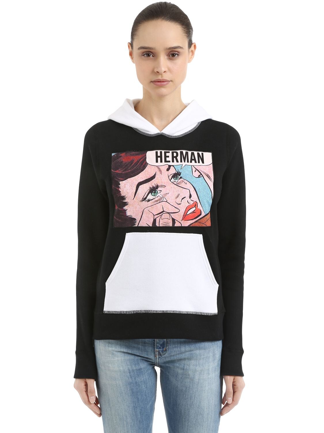 Herman Market Sad Girl Print Hooded Cotton Sweatshirt In Black