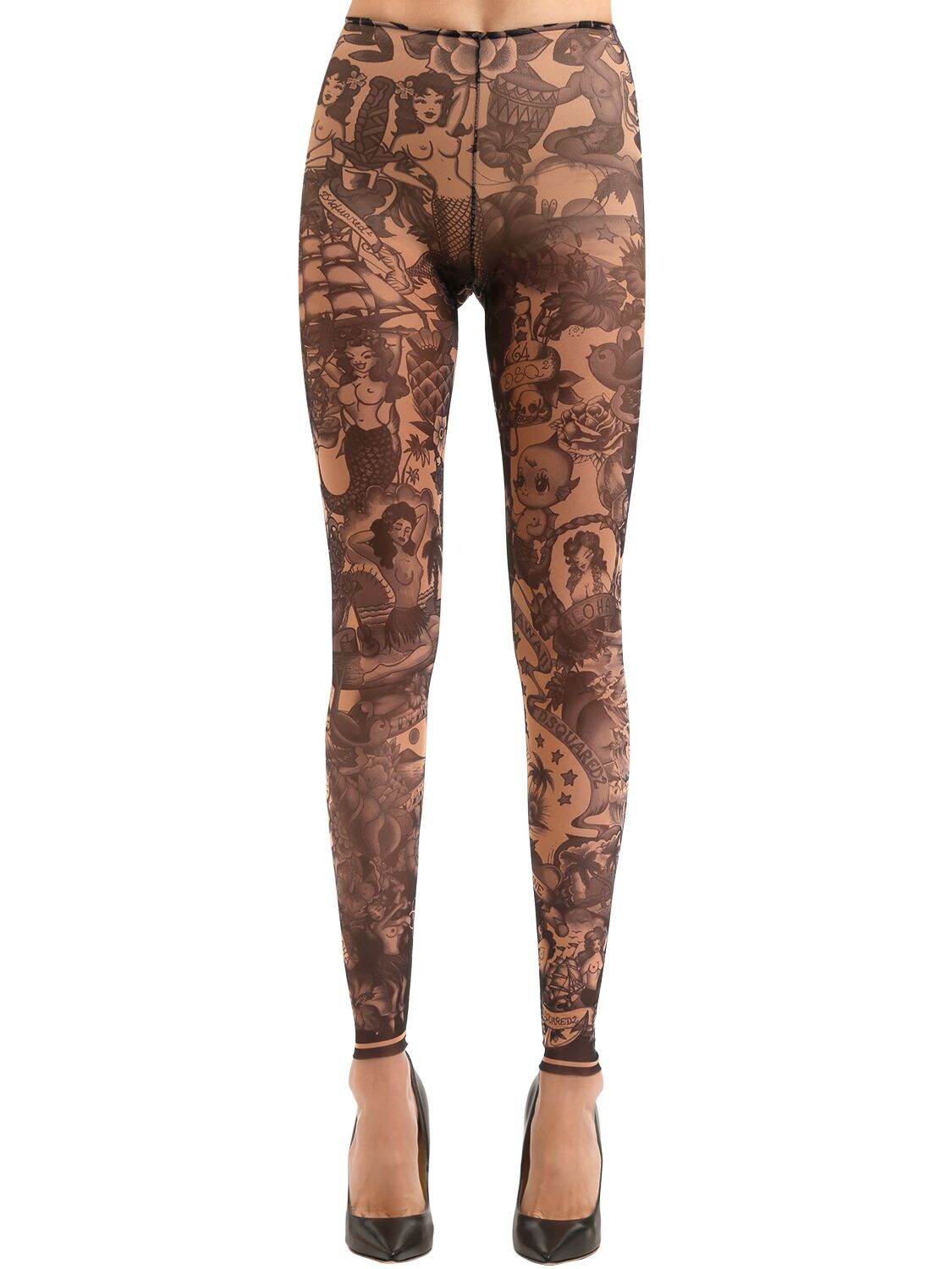 Dsquared2 Tattoo Printed Tulle Leggings In Black/beige