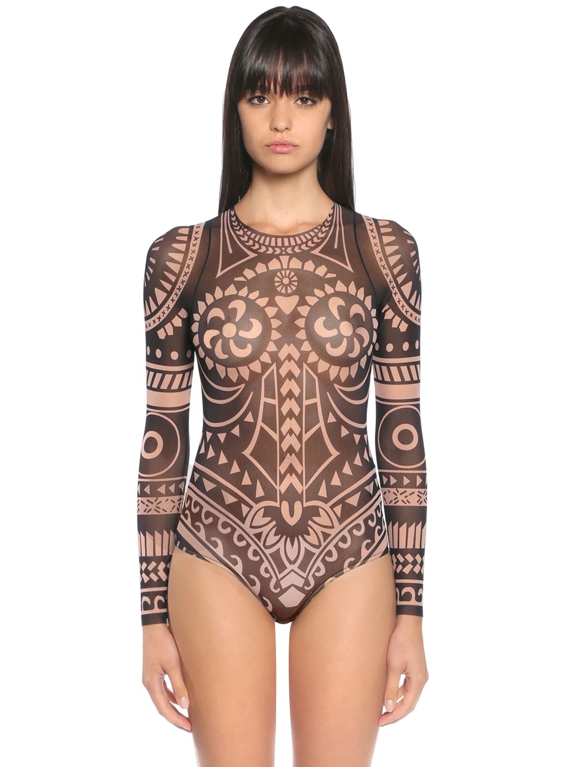 Dsquared2 Tattoo Printed Tulle Bodysuit In Black/beige