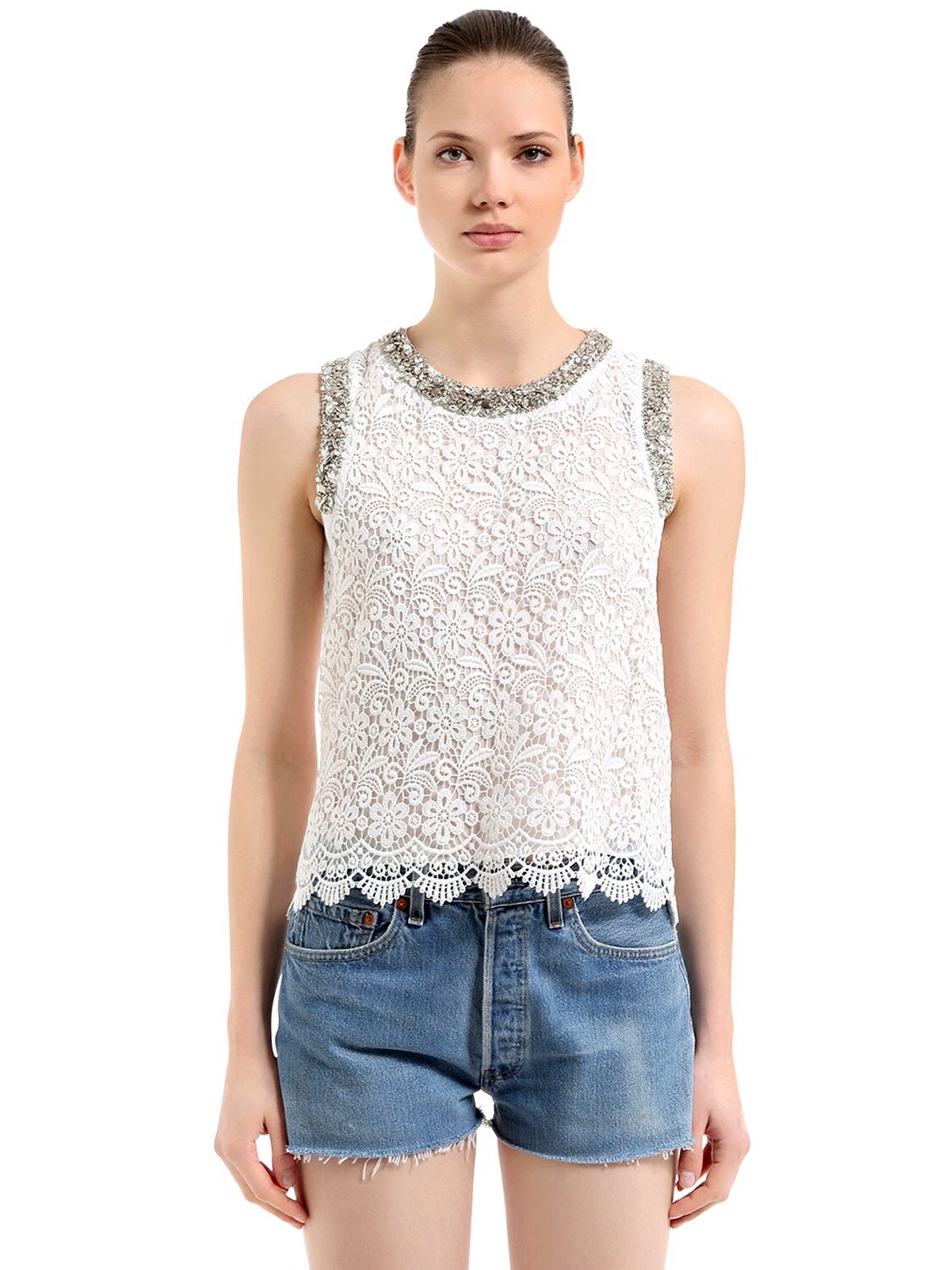 T.a.g.g. Embellished Cotton & Lace Top In White