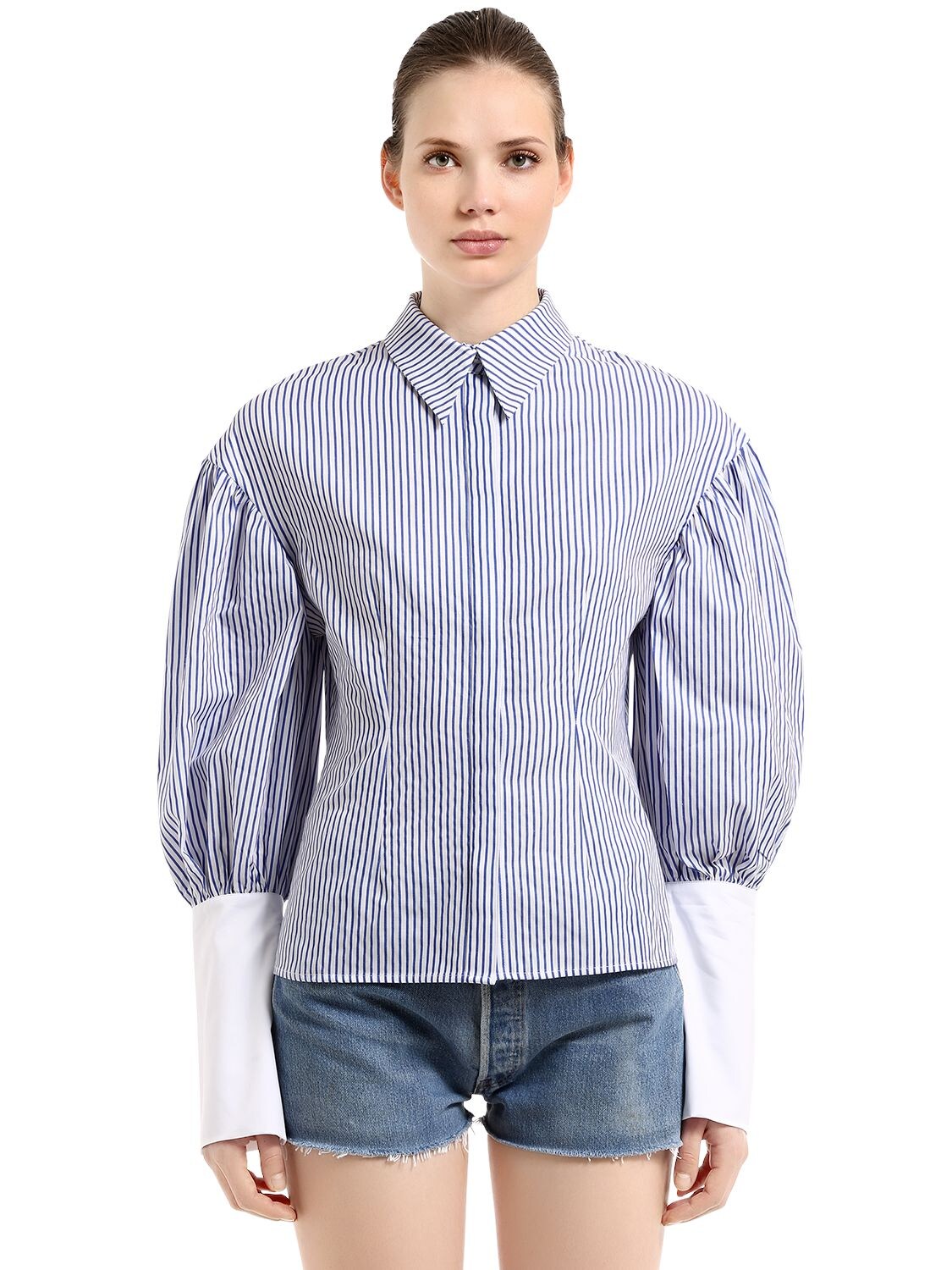 Striped Cotton Shirt W/ Puff Sleeves