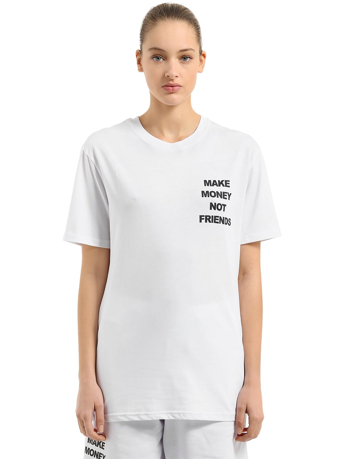 Make Money Not Friends White T-shirt With Purple Front And Back Logo