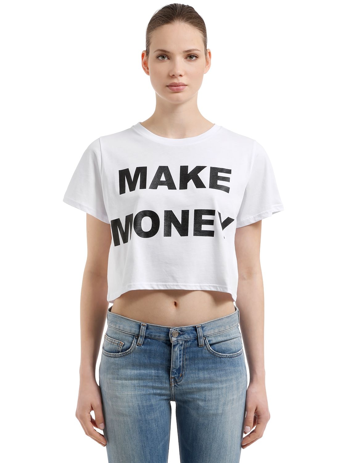 Make Money Not Friends Logo Print Cotton Jersey Cropped T-shirt In White