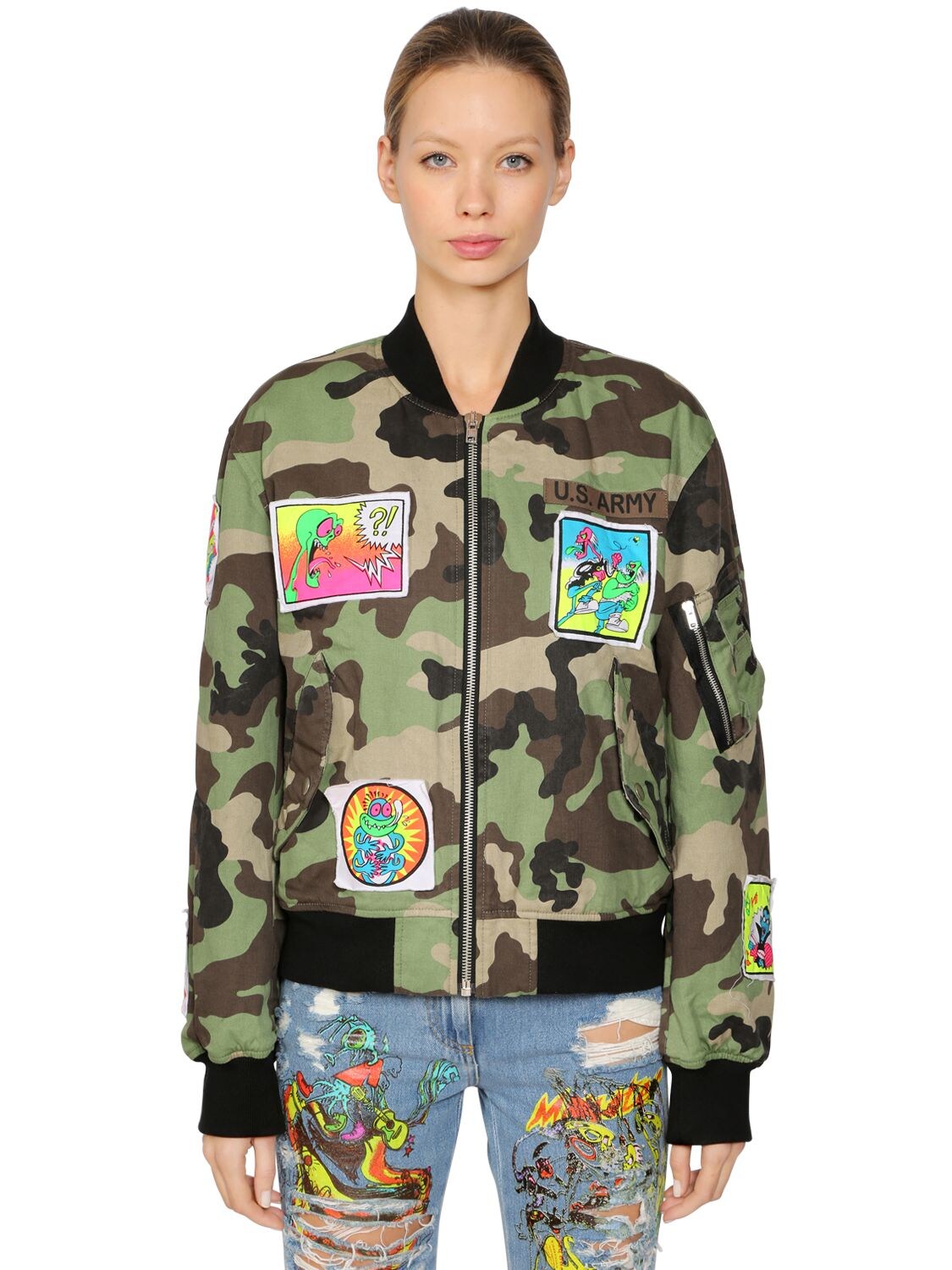 Jeremy Scott Camo Print Cotton Bomber Jacket In Multicolor,camo