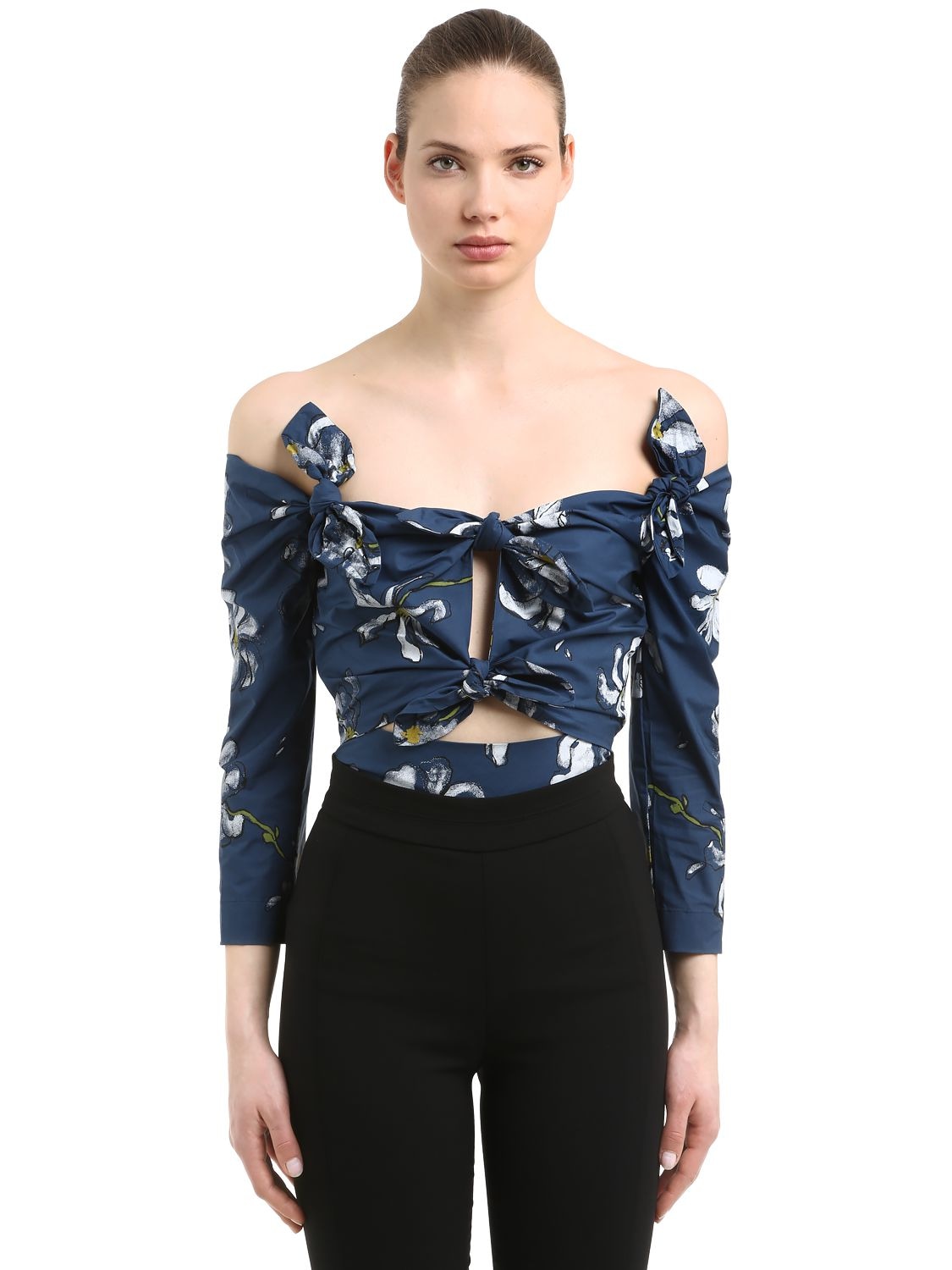 Isa Arfen Floral Print Off The Shoulder Cotton Top In Blue,multi