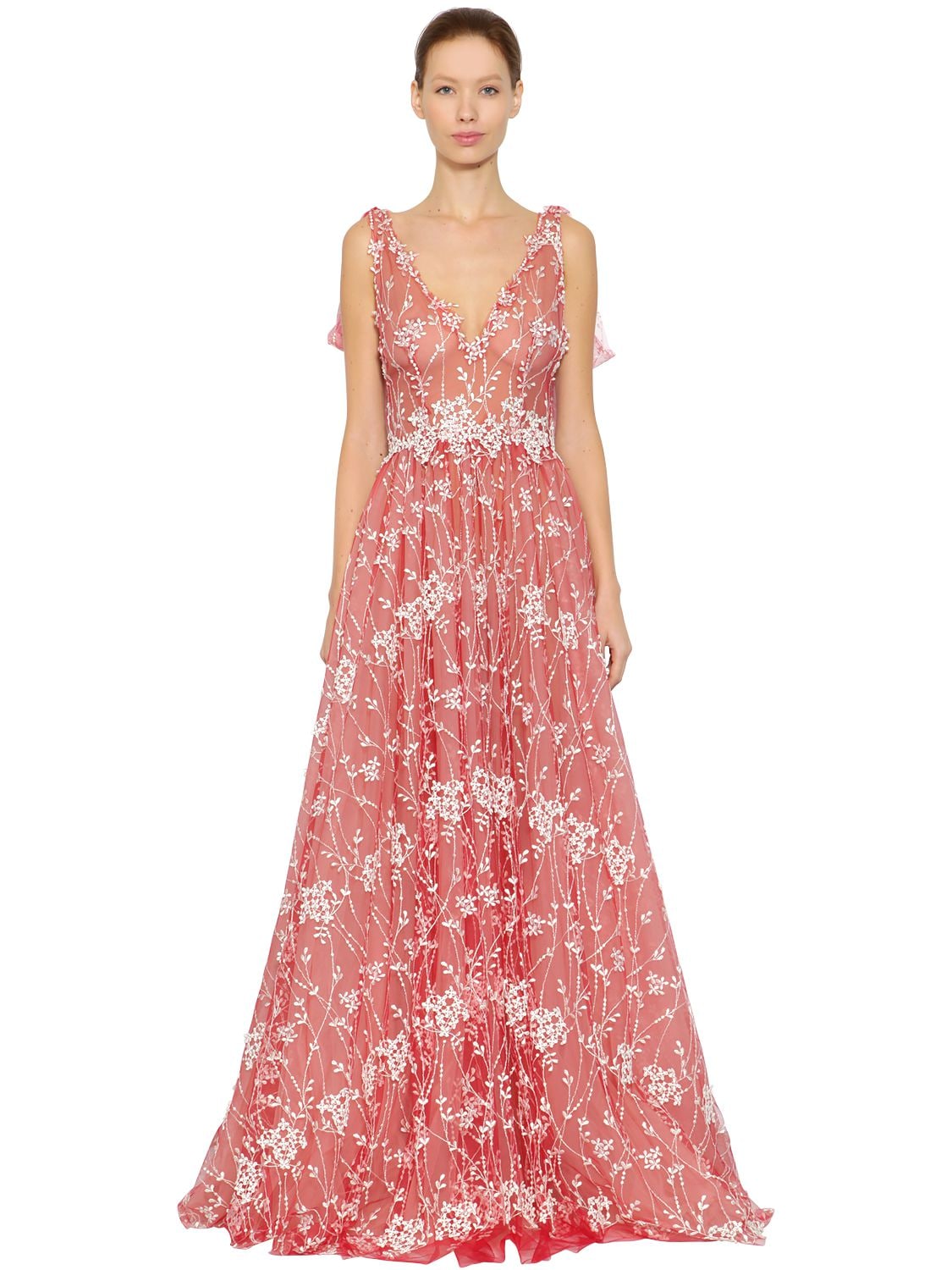 Luisa Beccaria Floral Embroidered Tulle Dress In Red