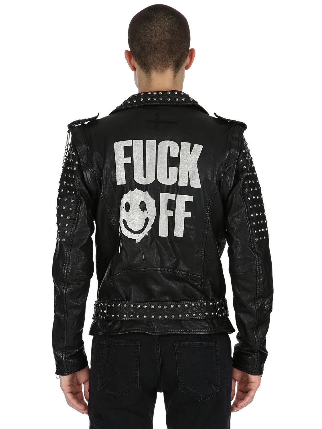Preach Love Yourself Studded Leather Jacket In Black