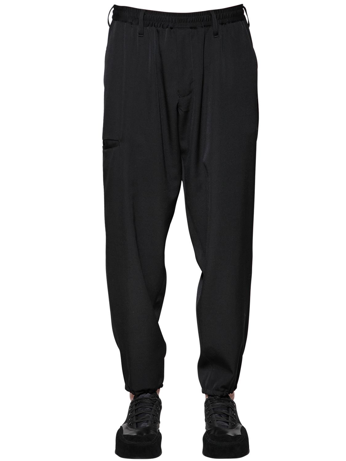 Yohji Yamamoto Wool Gabardine Trousers W/ Elastic Waist In Black