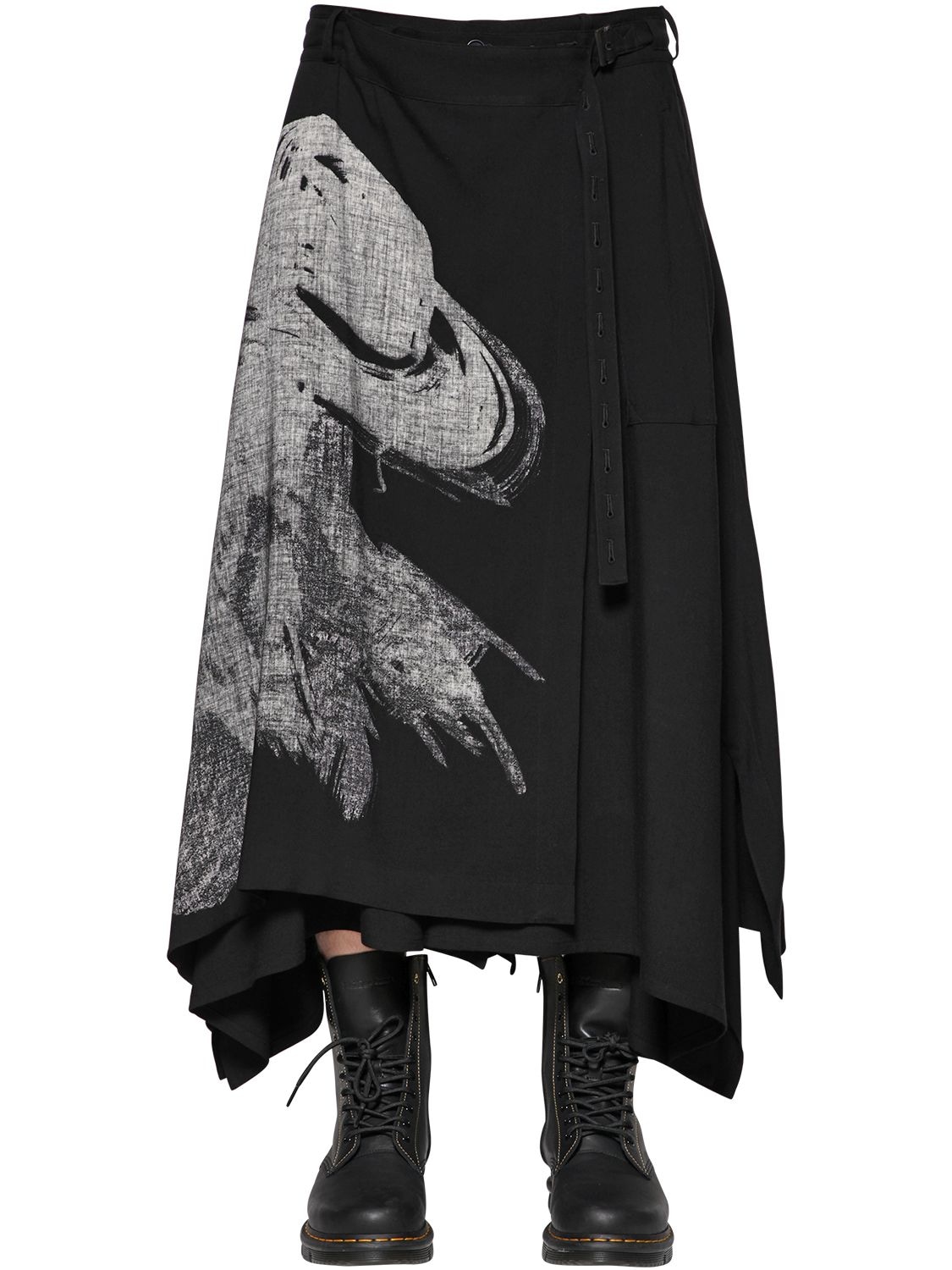 Yohji Yamamoto Printed Layered Wool Blend Skirt In Black