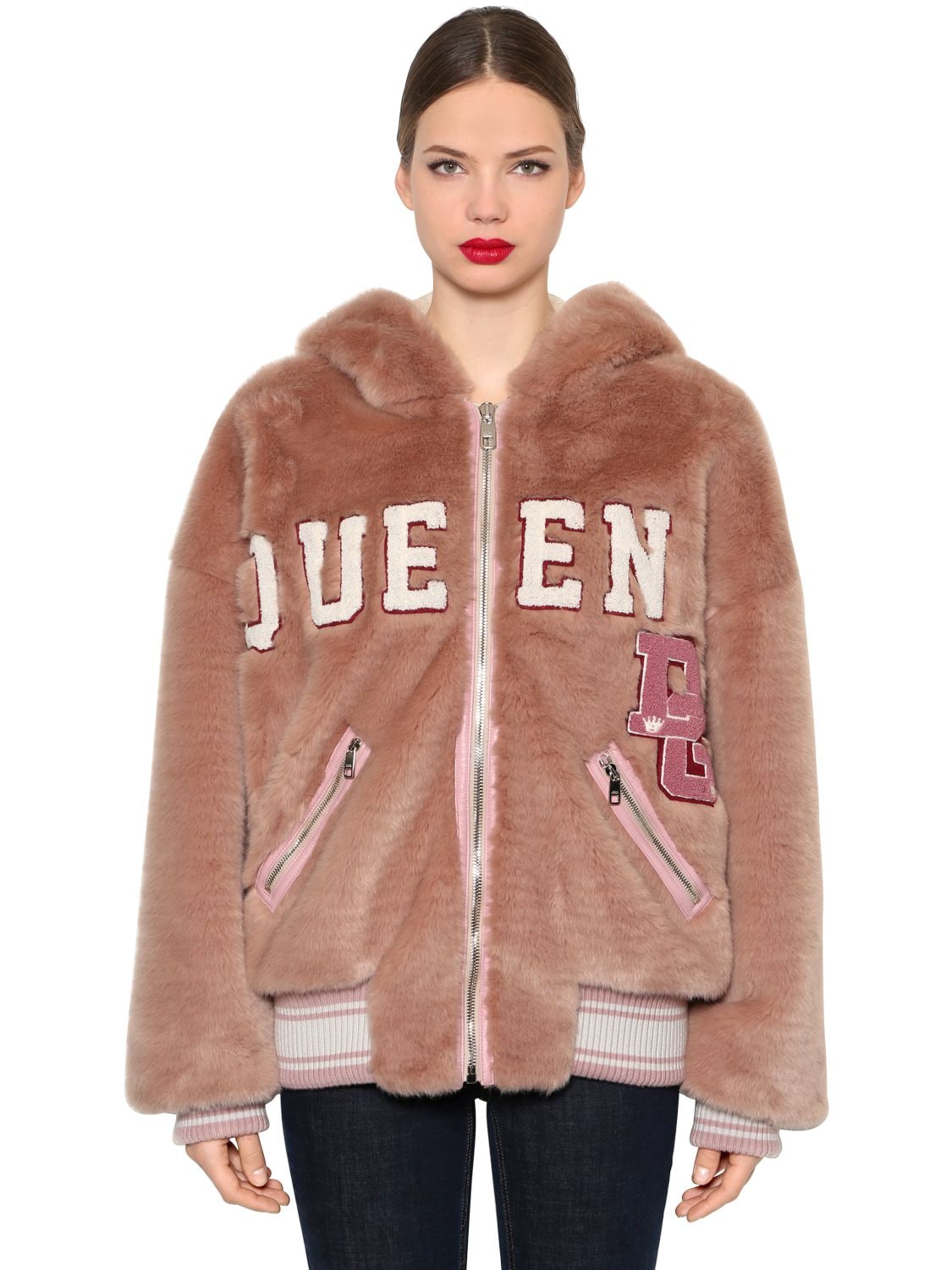Dolce & Gabbana Bear Hood Faux Fur Bomber Jacket In Pink