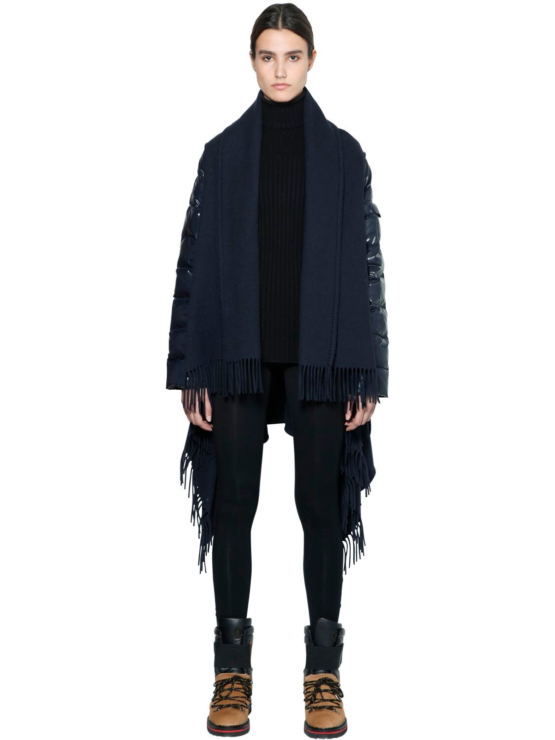 Moncler Wool Cape W/ Laqué Nylon Down Sleeves In Midnight