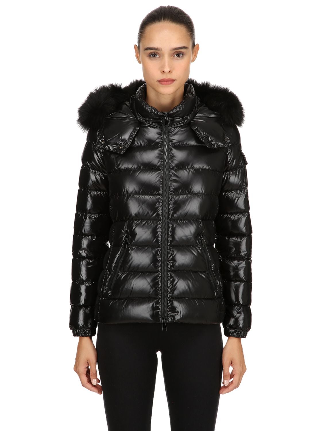 Moncler Bady Laqué Nylon Down Jacket W/ Fur In Black