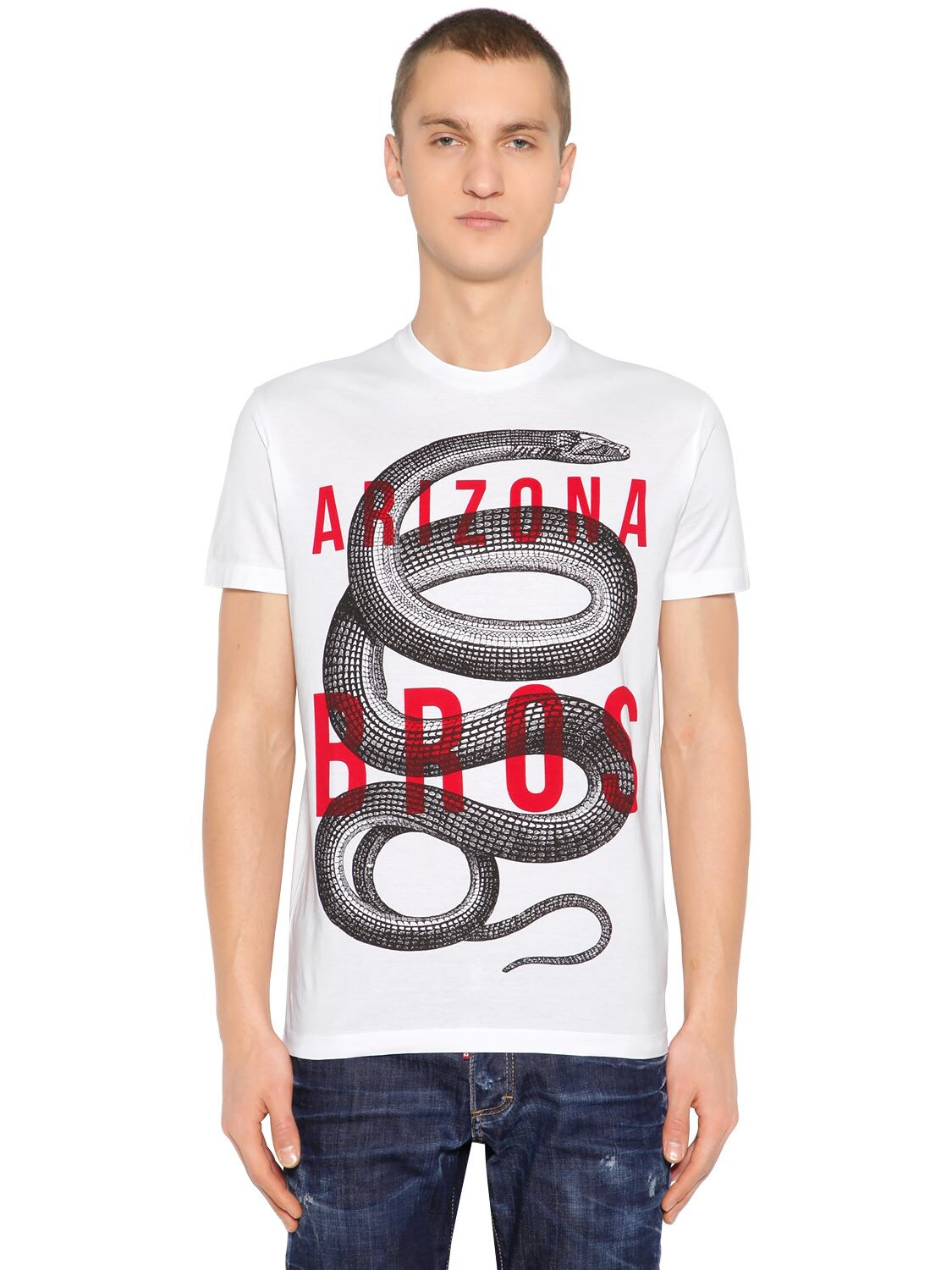 DSQUARED2 SNAKE PRINTED COTTON JERSEY T-SHIRT,68I04Y027-MTAW0