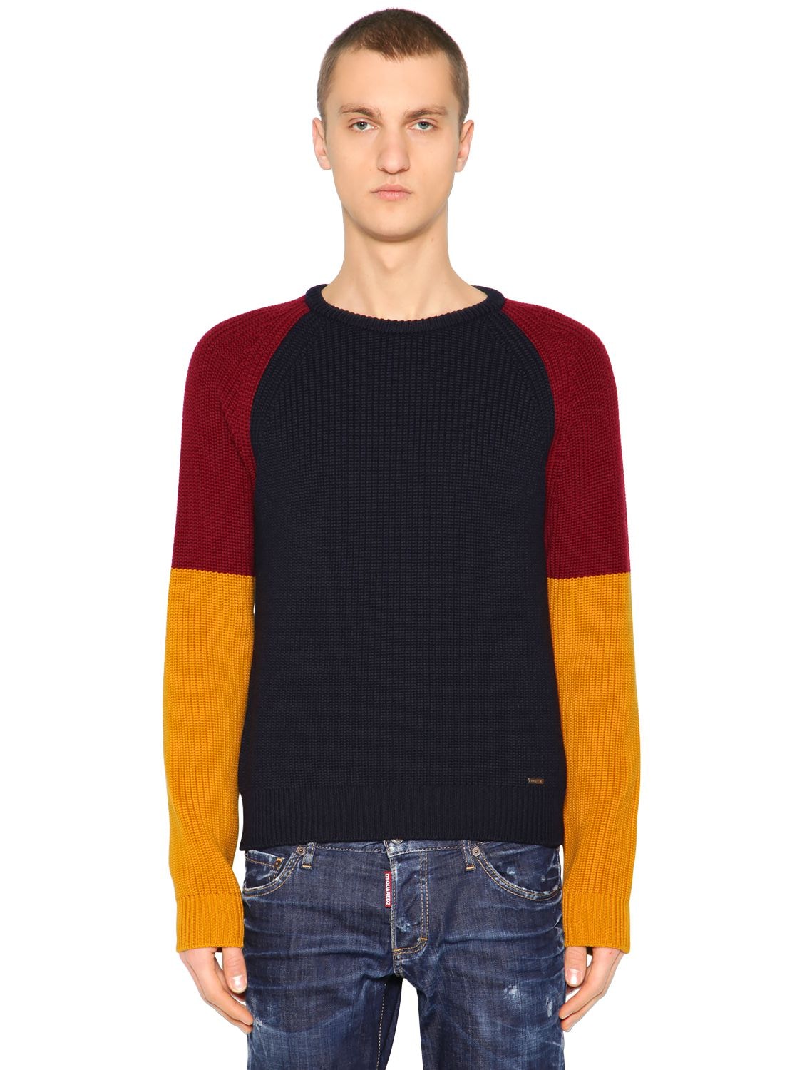 Dsquared2 Color Block Wool Rib Knit Sweater In Blue/yellow/red