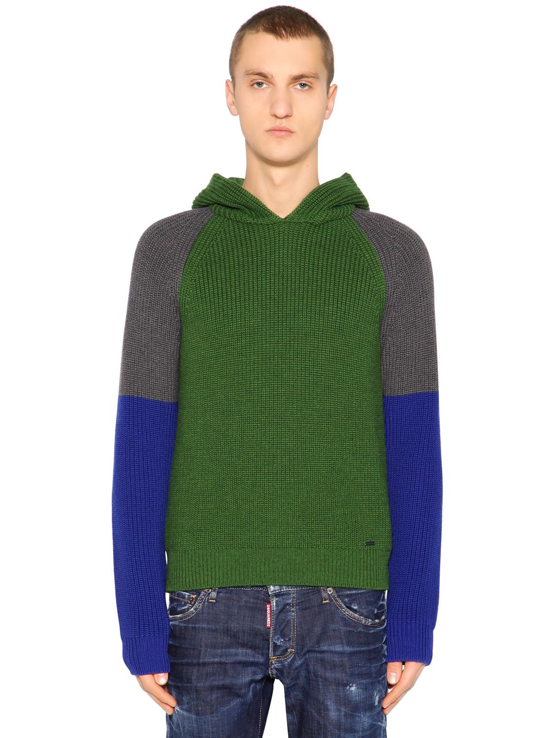Dsquared2 Hooded Color Block Wool Rib Knit Sweater In Green,blue,grey