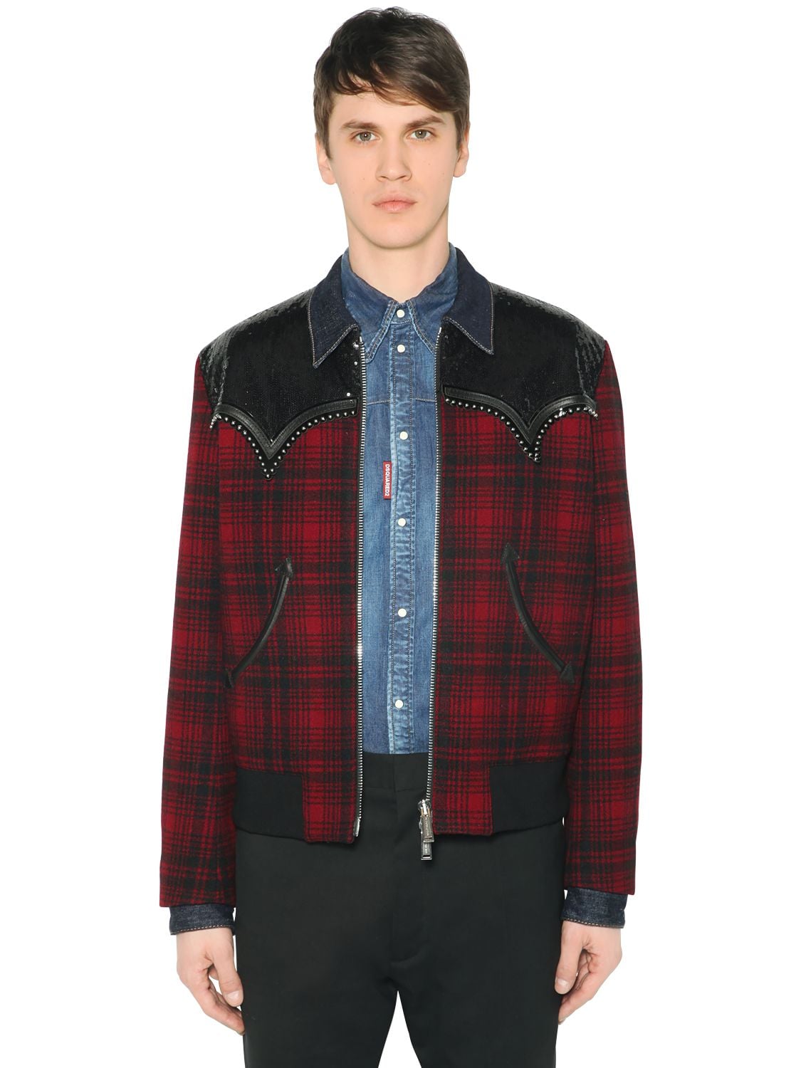 Dsquared2 Western Sequined Wool Flannel Jacket In Red/black