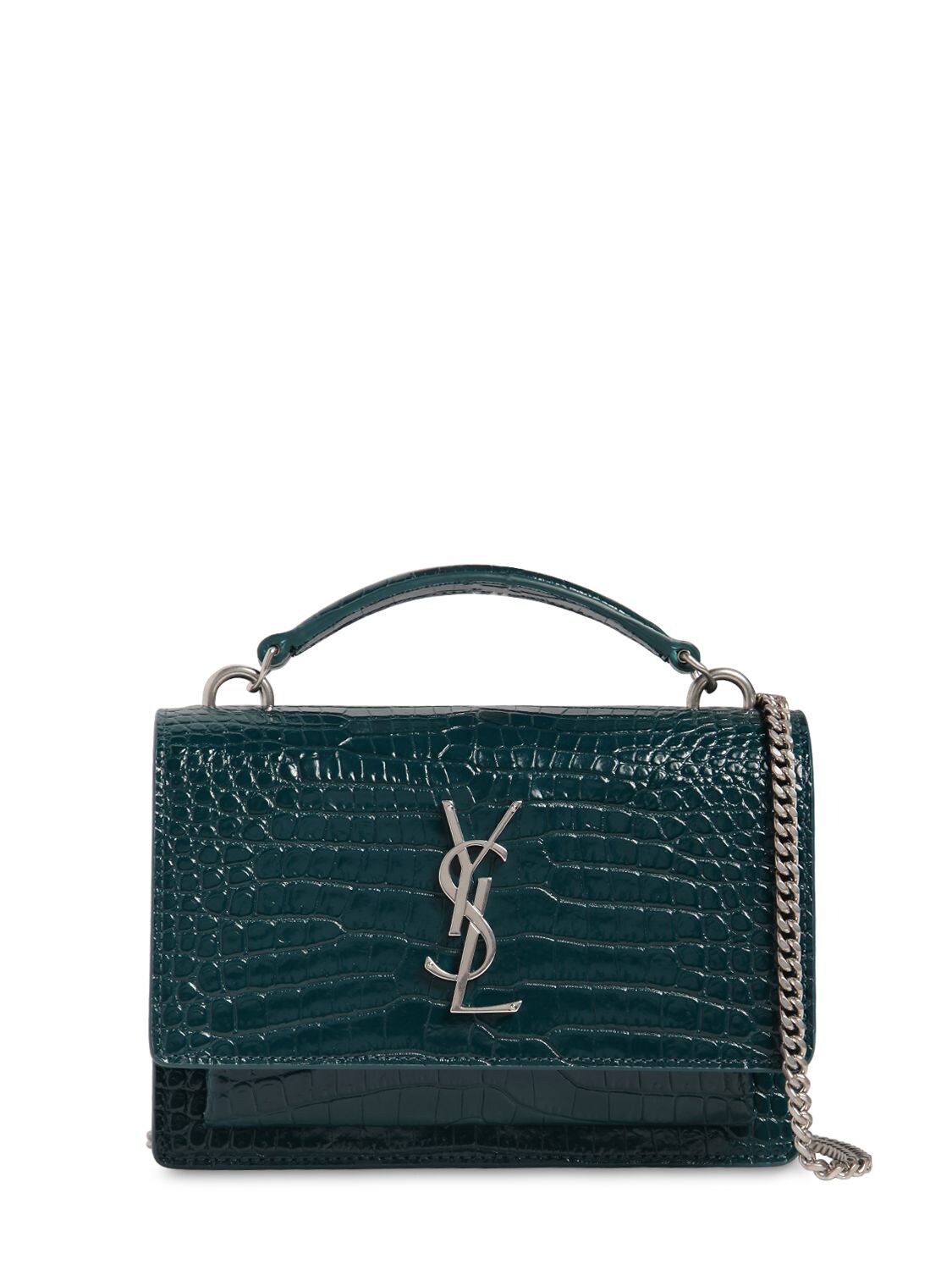 Saint Laurent Small Sunset Croc Embossed Leather Bag In Green