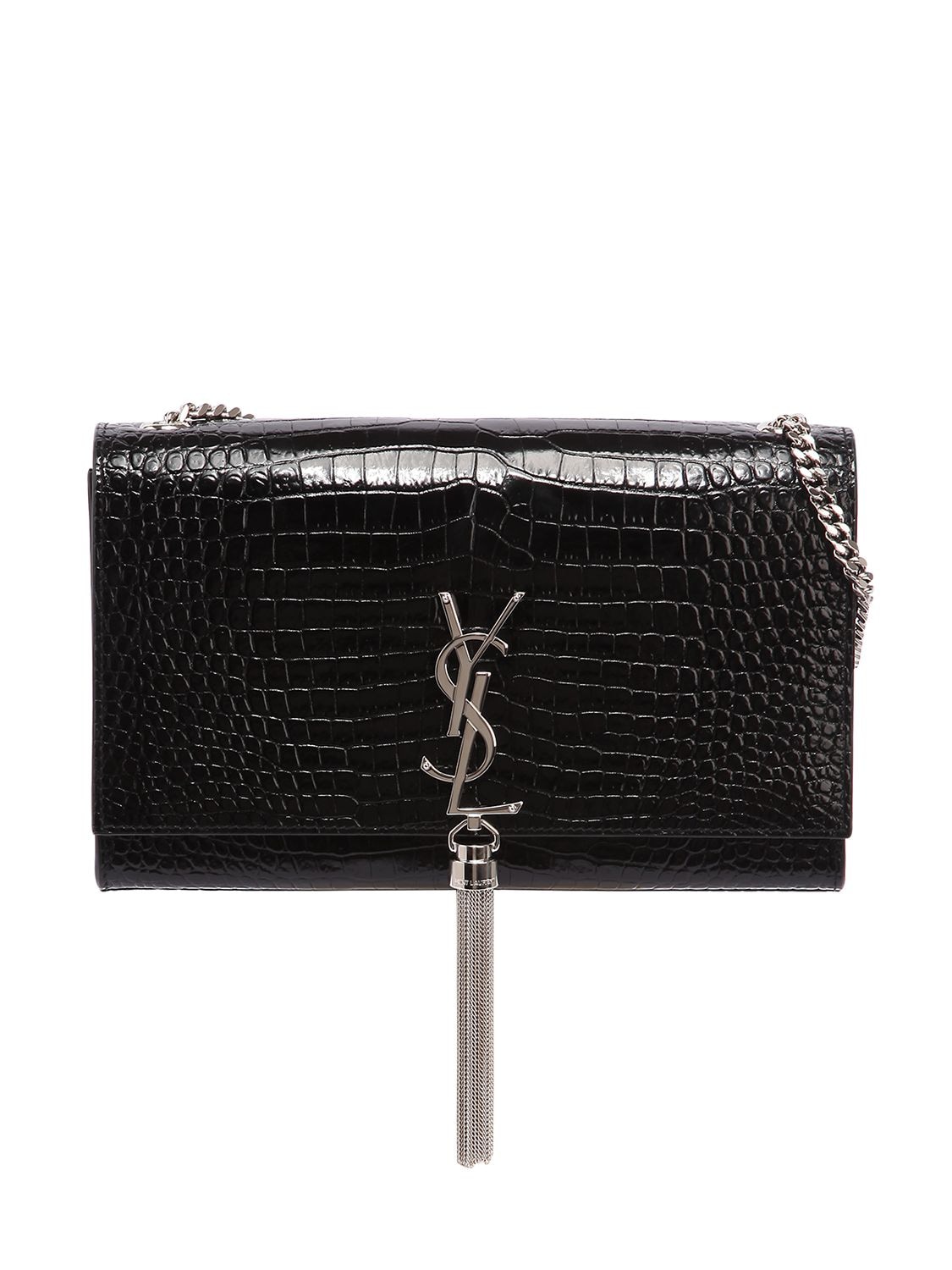 Saint Laurent Medium Kate Croc Embossed Leather Bag In Black