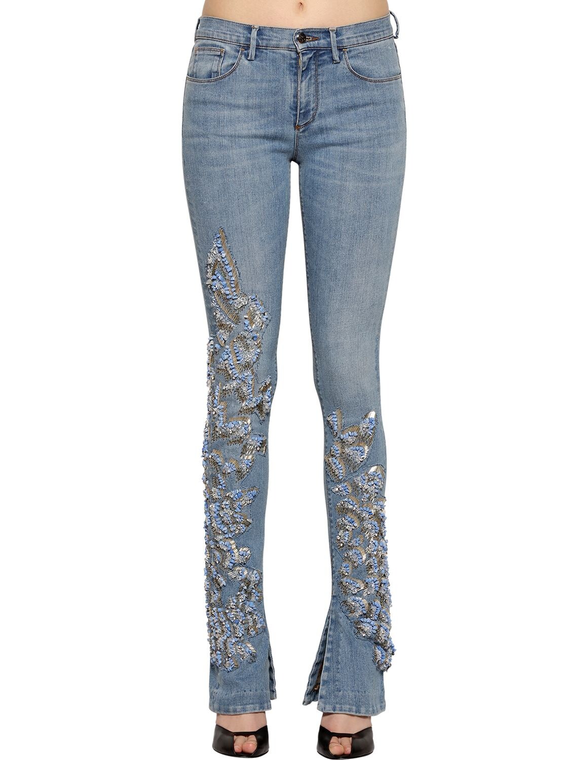 Roberto Cavalli Embellished Flared Stretch Denim Jeans In Blue