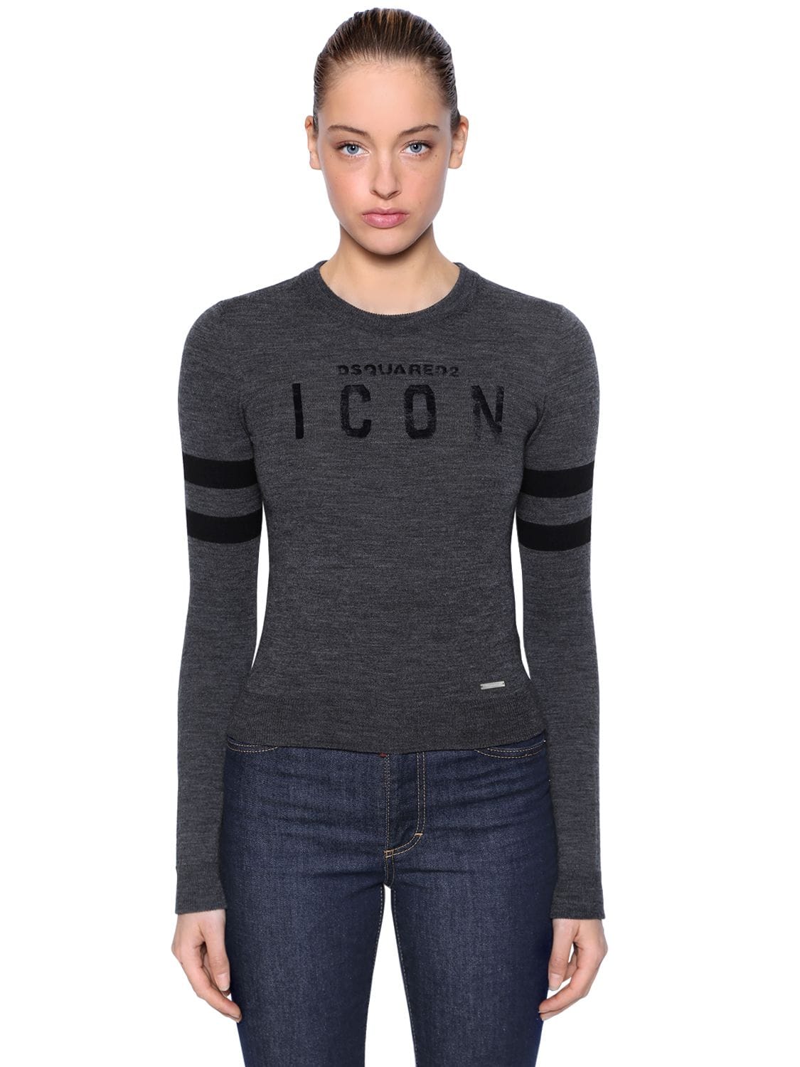 Dsquared2 Icon Flocked Wool Blend Knit Sweater In Grey