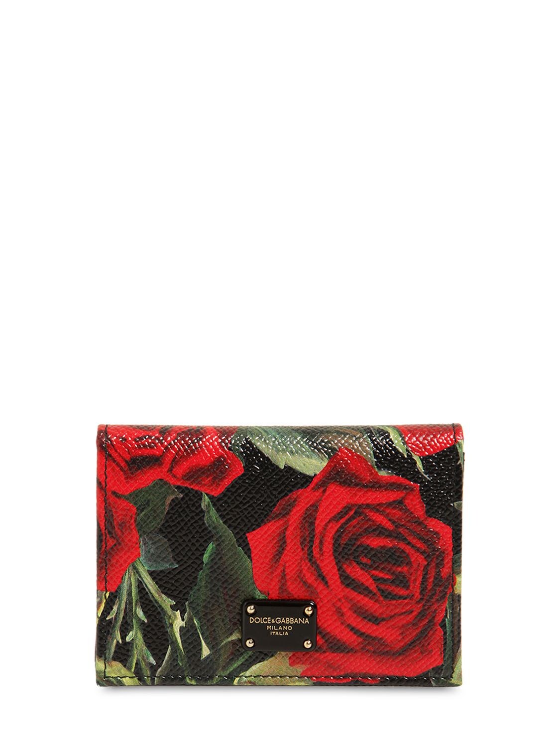 Dolce & Gabbana Roses Print Dauphine Leather Card Holder In Red/black