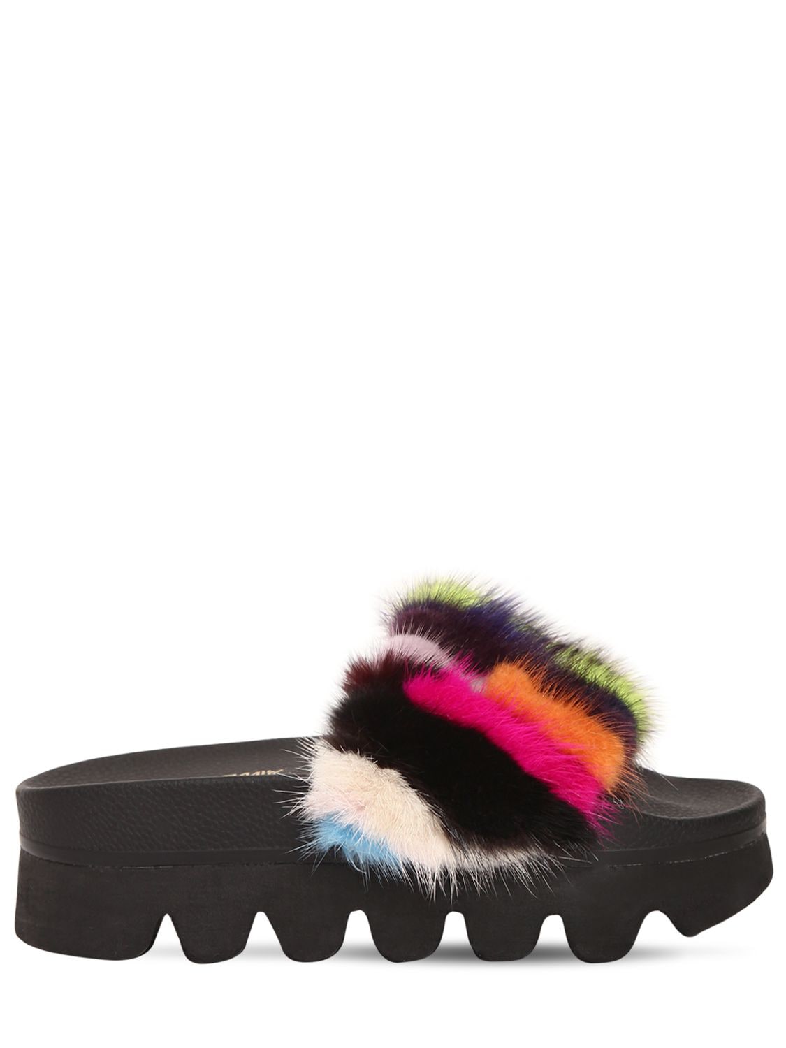 Colors Of California 60mm Mink Fur Wedge Slide Sandals In Multicolor