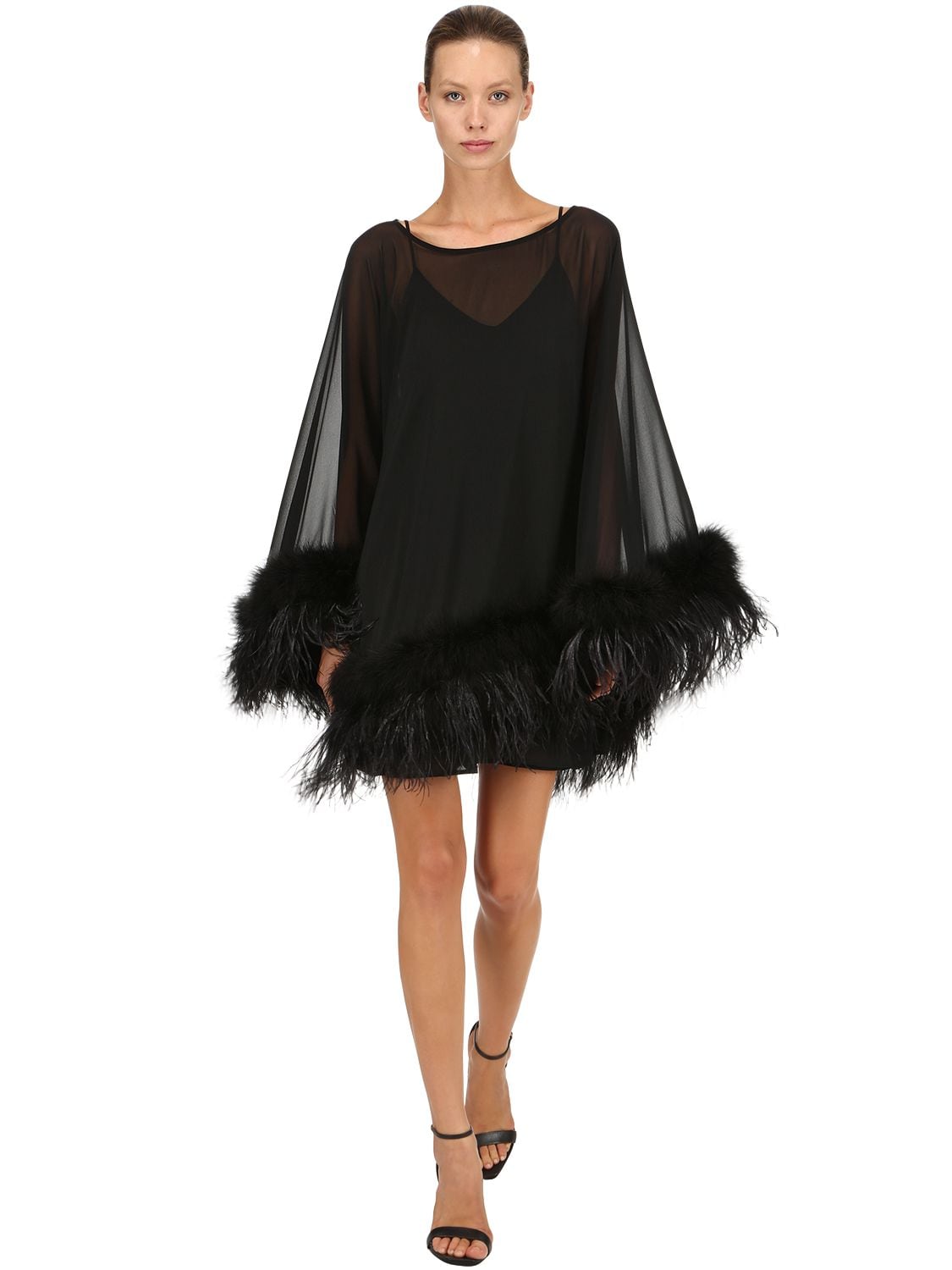 Stefano De Lellis Georgette Caftan Dress W/ Feathers In Black