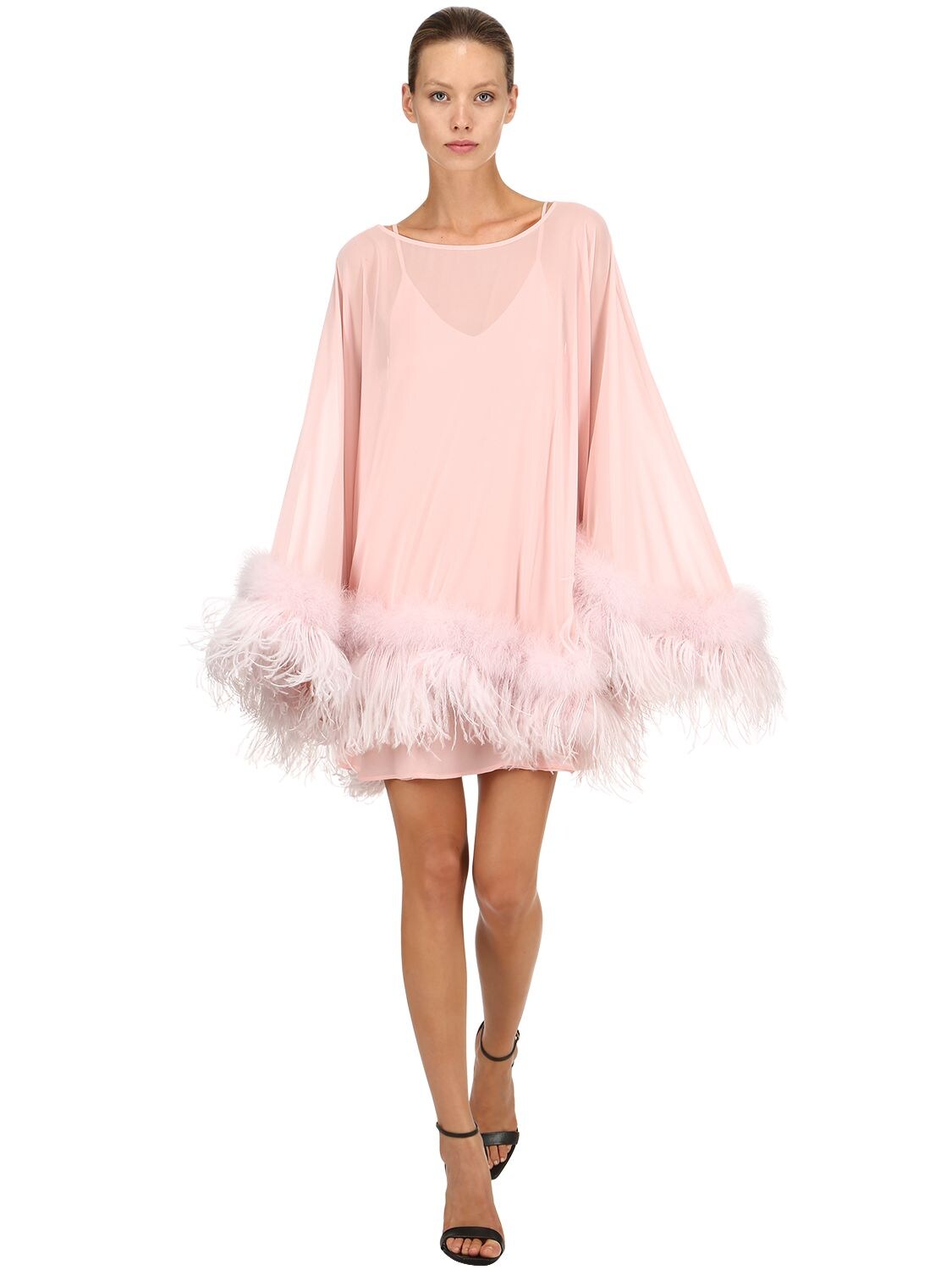 Stefano De Lellis Georgette Caftan Dress W/ Feathers In Pink