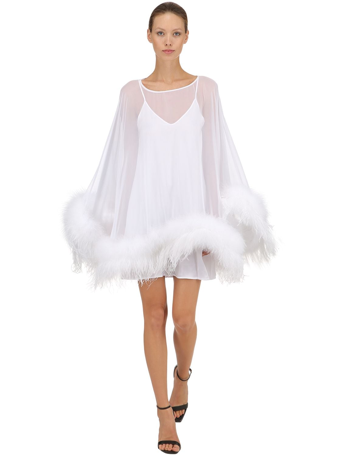 Stefano De Lellis Georgette Caftan Dress W/ Feathers In White