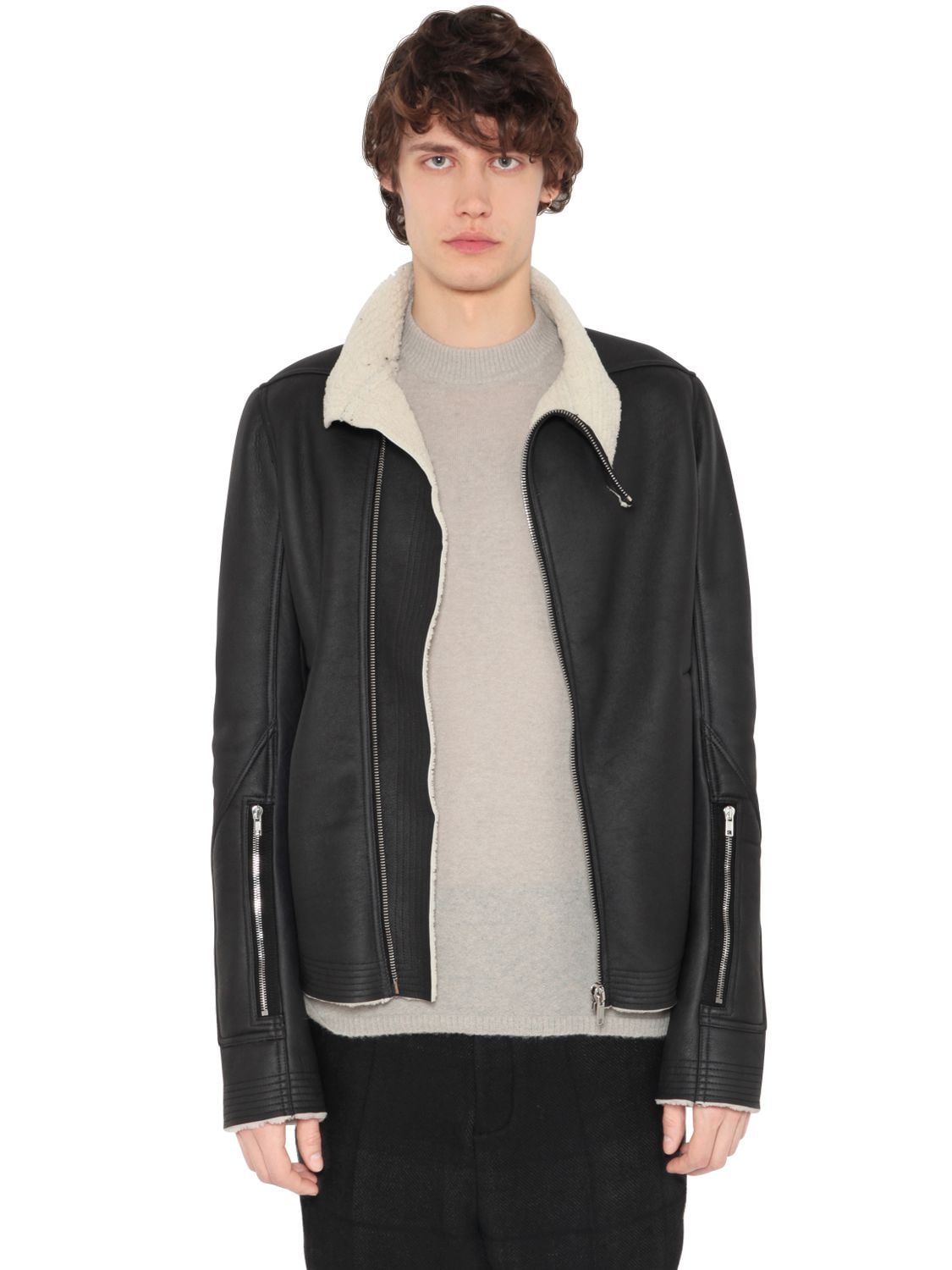 Rick Owens Shearling Leather Jacket In Black
