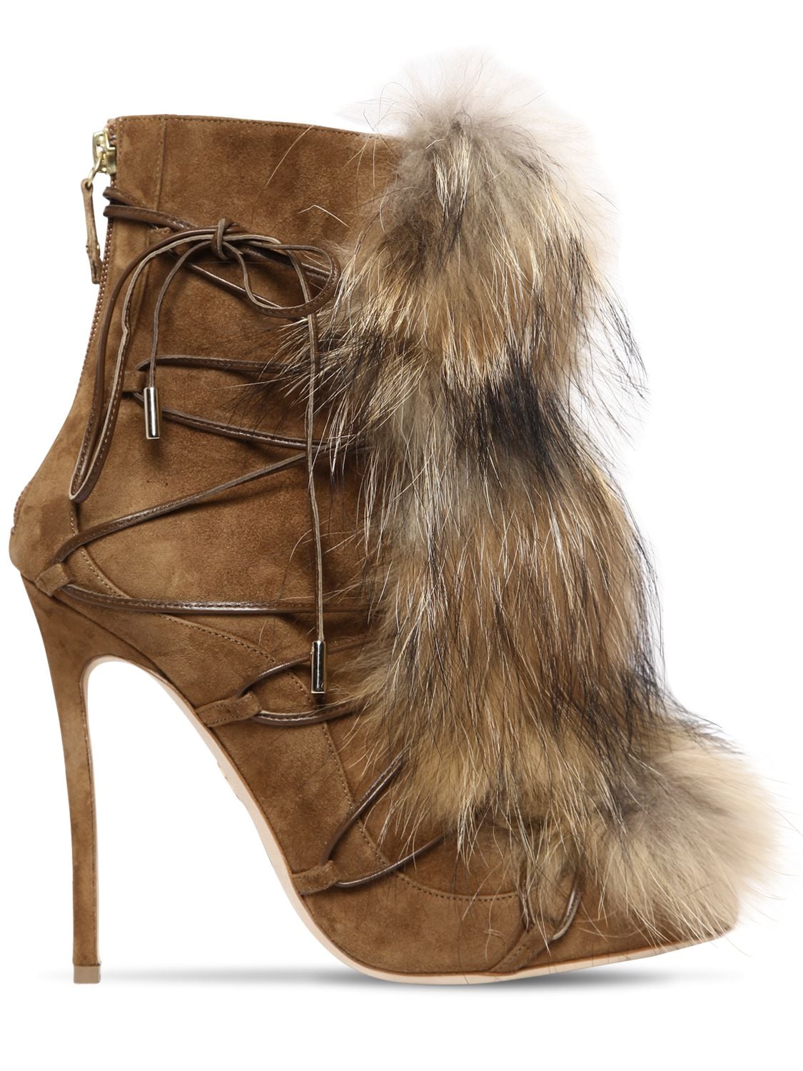 Dsquared2 120mm Riri Suede Lace-up Boots W/ Fur In Beige