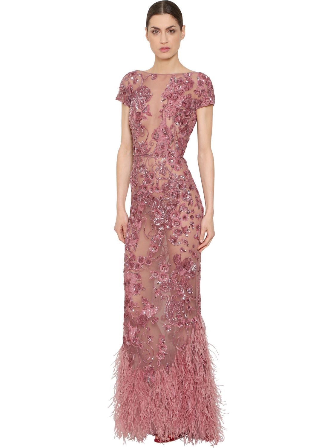 Zuhair Murad Embellished Lace Gown In Pink