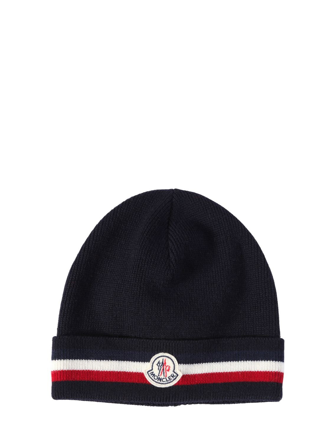 Moncler Striped Wool Knit Beanie Hat In Navy