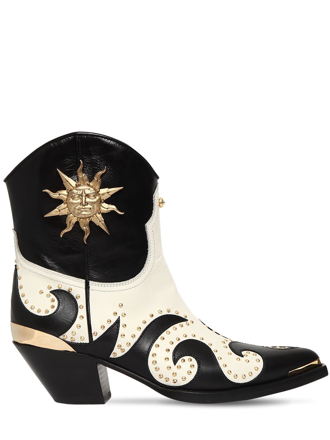 Fausto Puglisi 50mm Studded Leather Cowboy Boots In Black,white