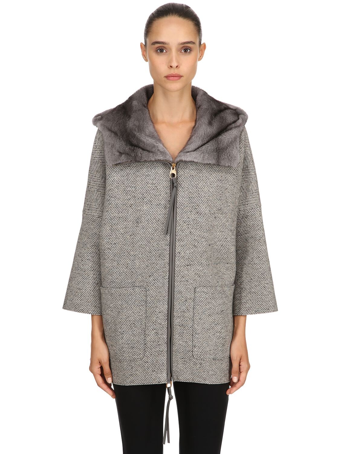 Agnona Hooded Mink Fur & Cashmere Short Coat In Grey