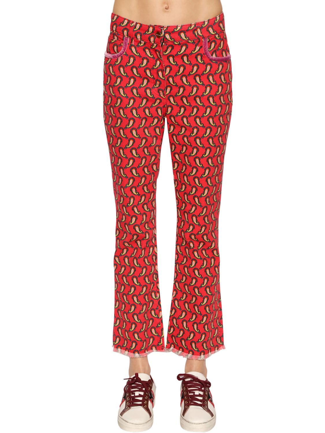 Etro Printed Cotton Denim Cropped Jeans In Red