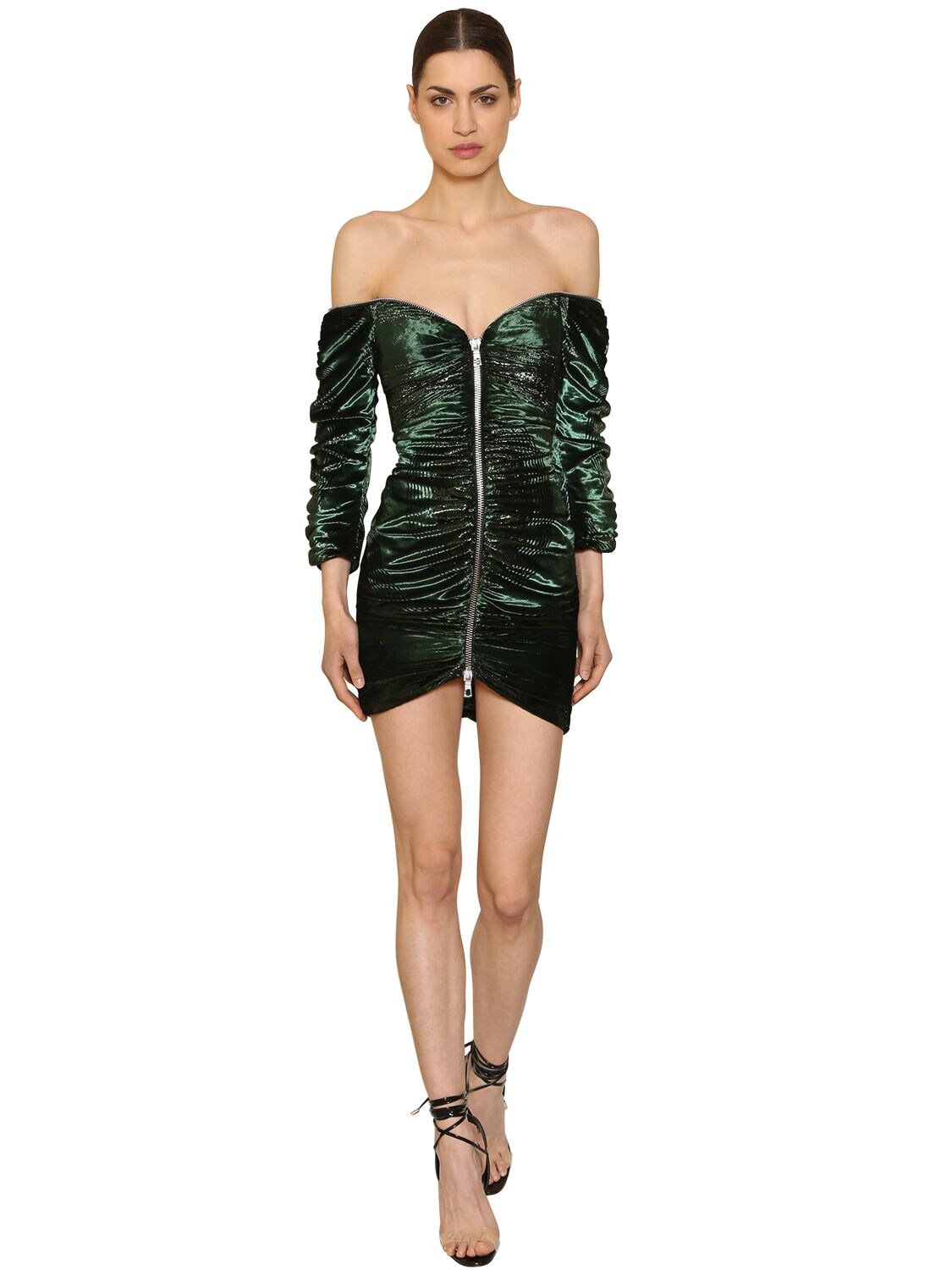 Laquan Smith Zip-up Shiny Stretch Velvet Mini Dress In Green
