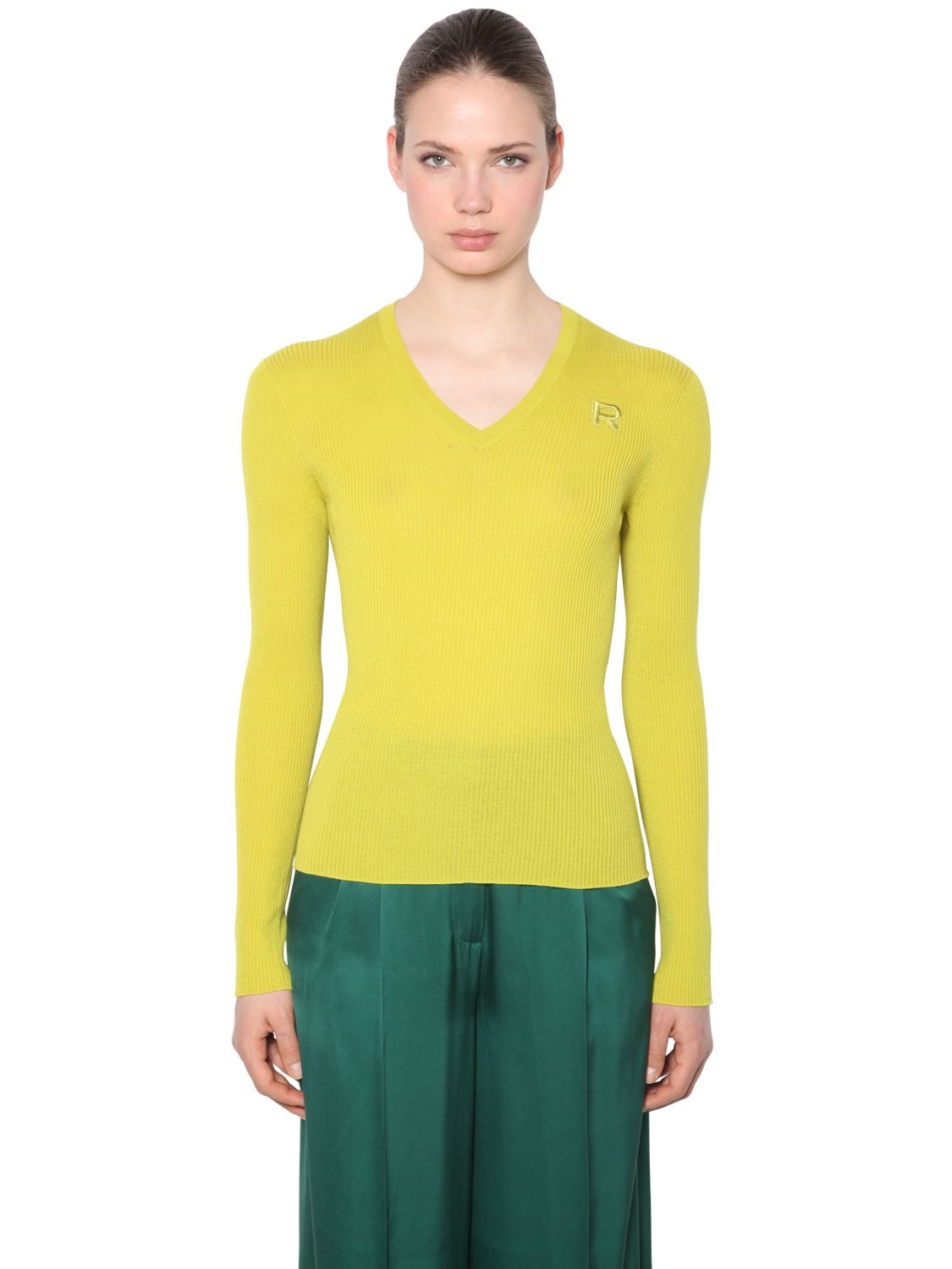 Rochas V Neck Wool Rib Knit Sweater In Lime Green
